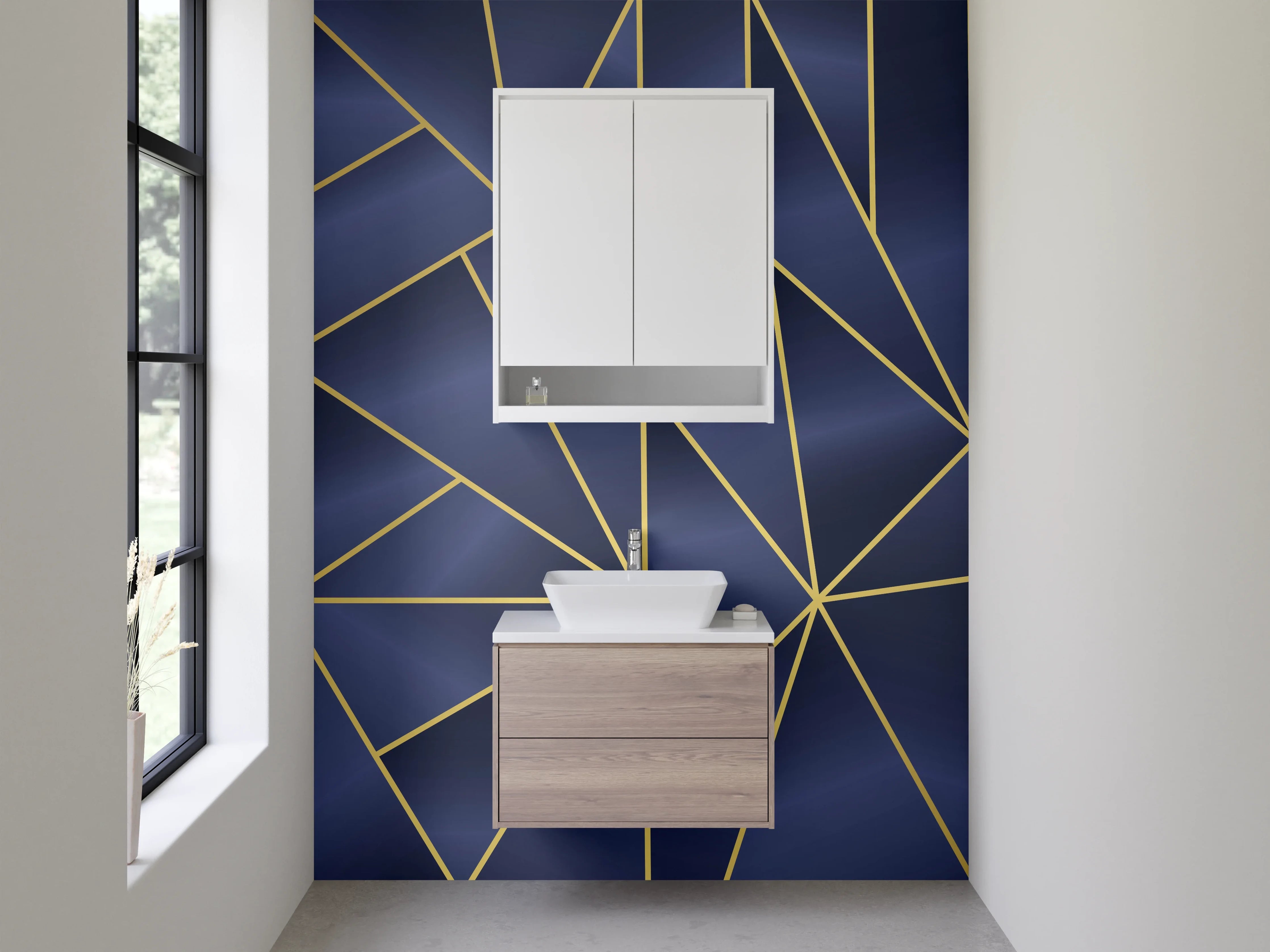 Waschbecken-Rückwand - Blau-Goldenes Deco-Muster mit Grauweiß