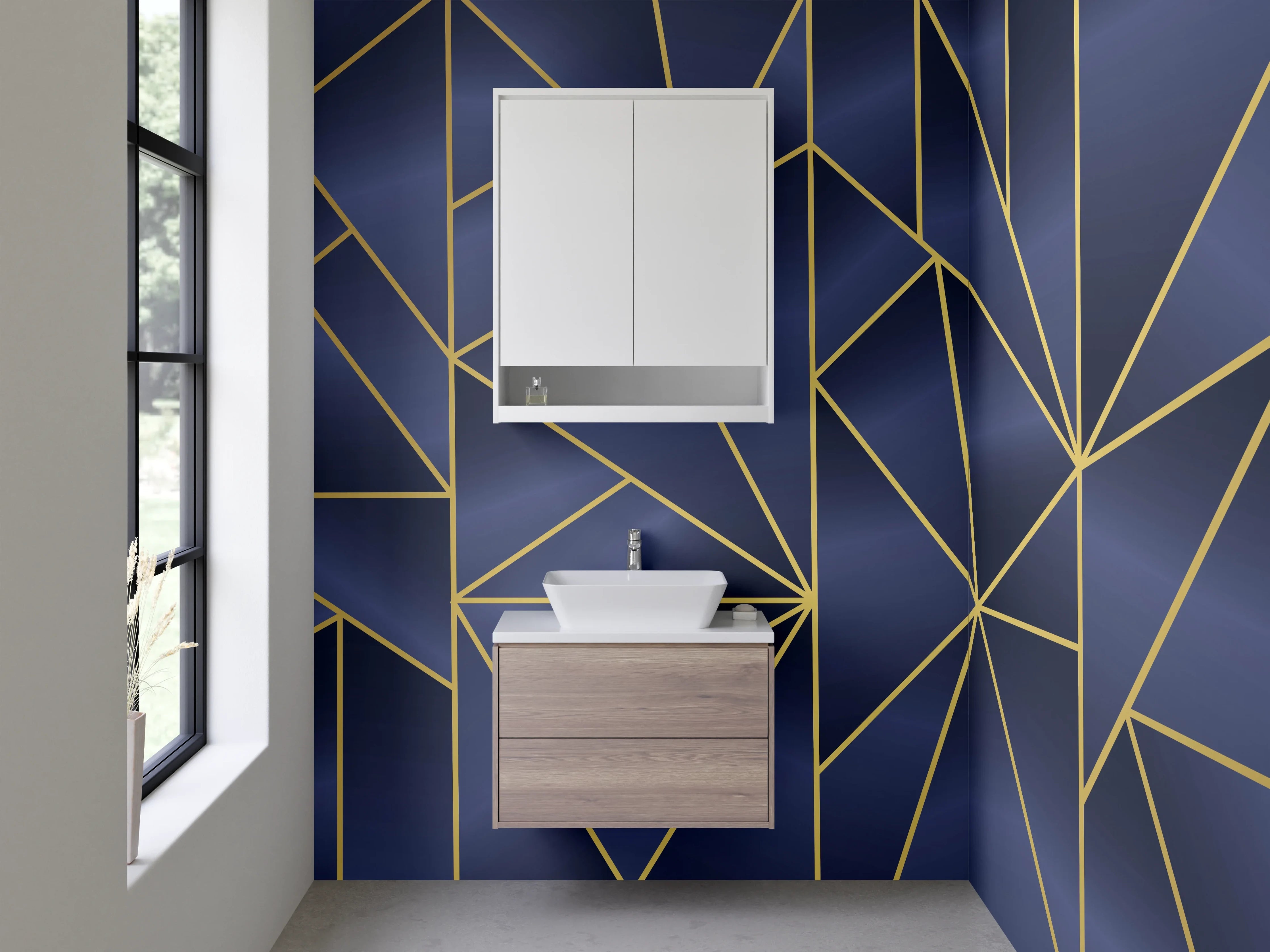 Waschbecken-Rückwand - Blau-Goldenes Deco-Muster mit Grauweiß