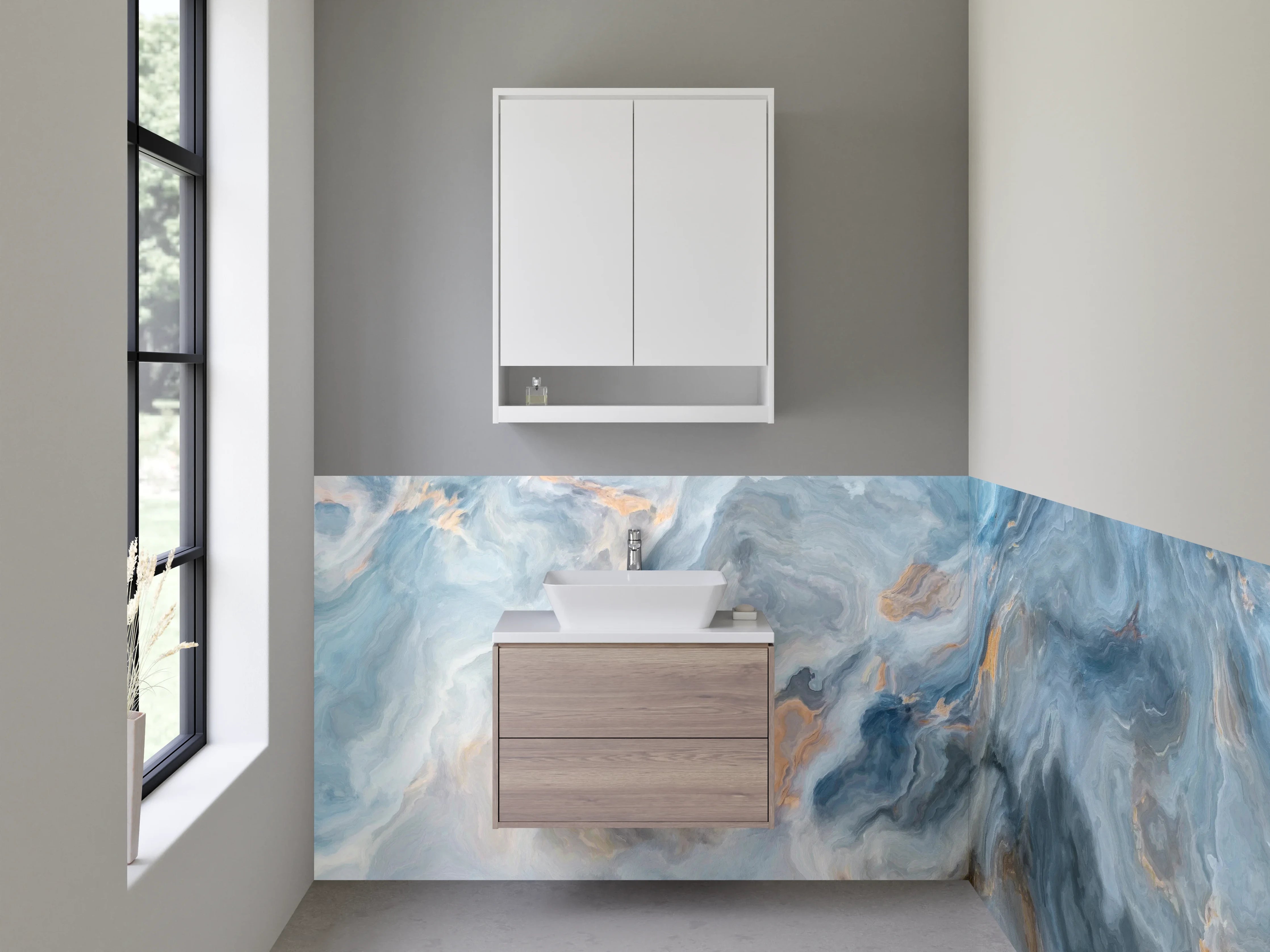 Waschbecken-Rückwand - Blau-Graue Marmor-Optik Abstrakt