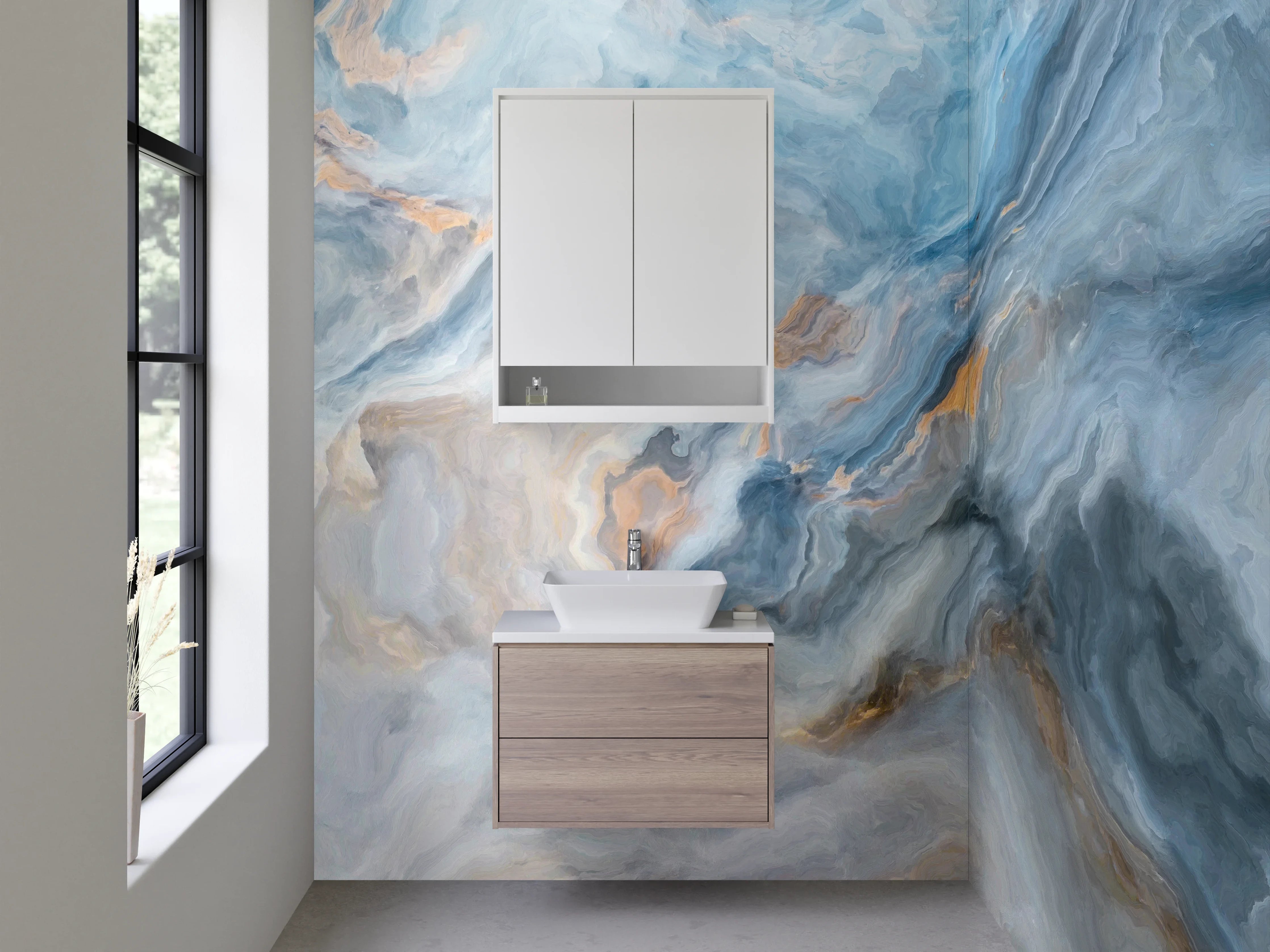 Waschbecken-Rückwand - Blau-Graue Marmor-Optik Abstrakt