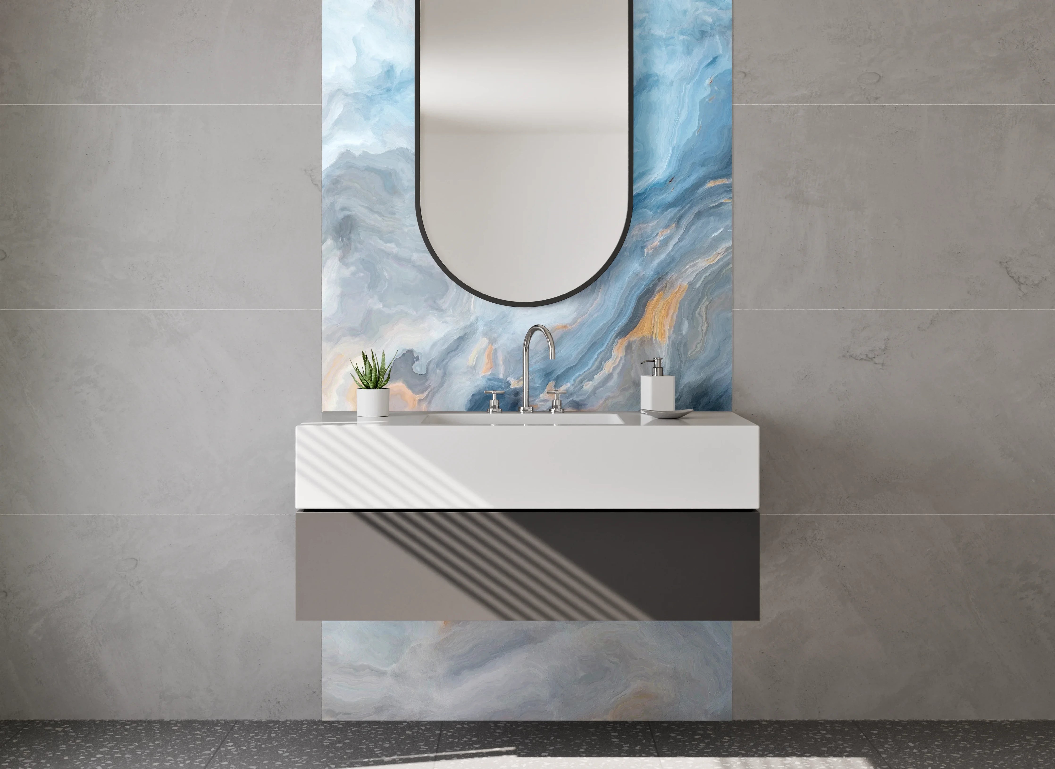 Waschbecken-Rückwand - Blau-Graue Marmor-Optik Abstrakt