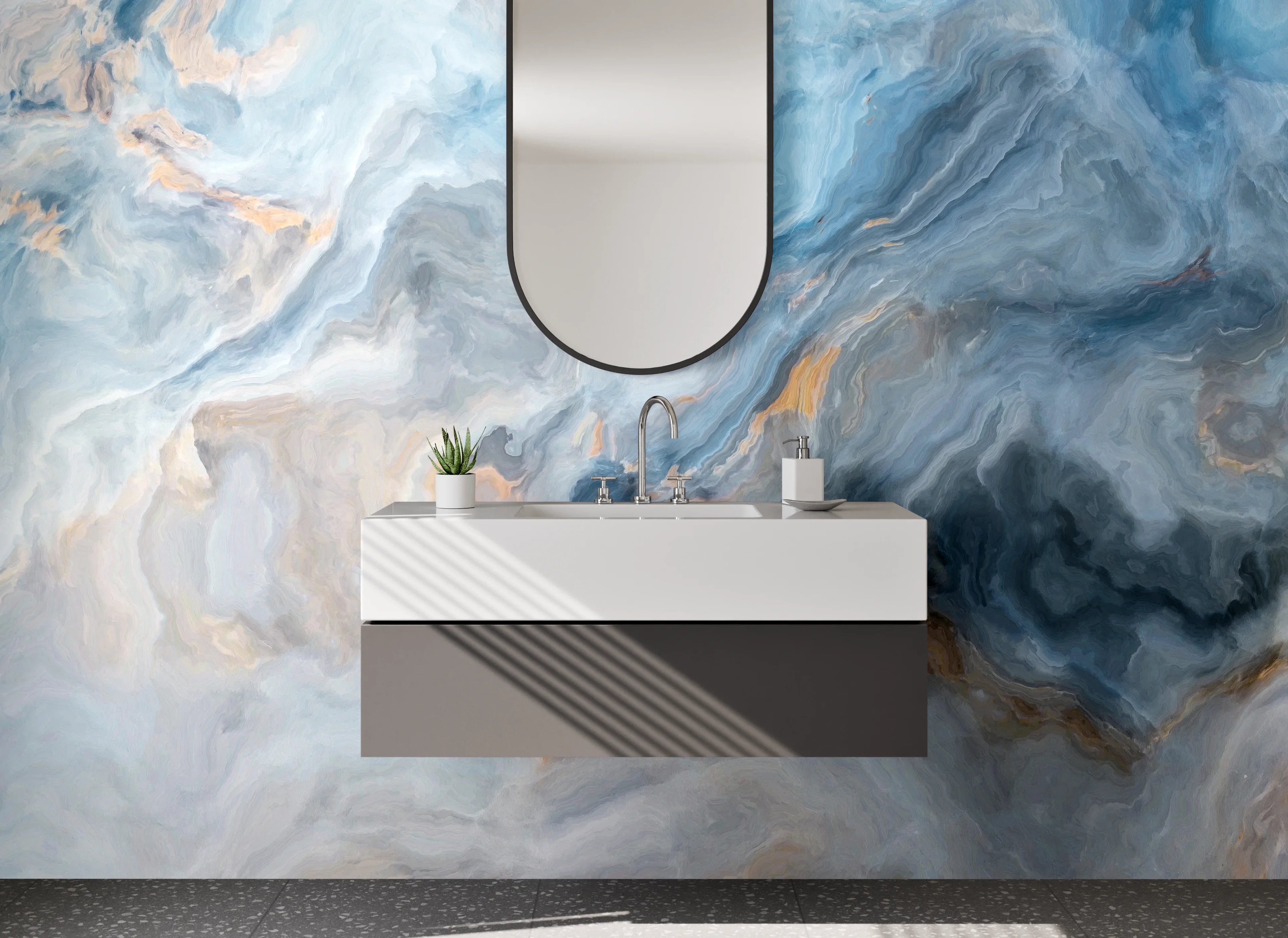 Waschbecken-Rückwand - Blau-Graue Marmor-Optik Abstrakt
