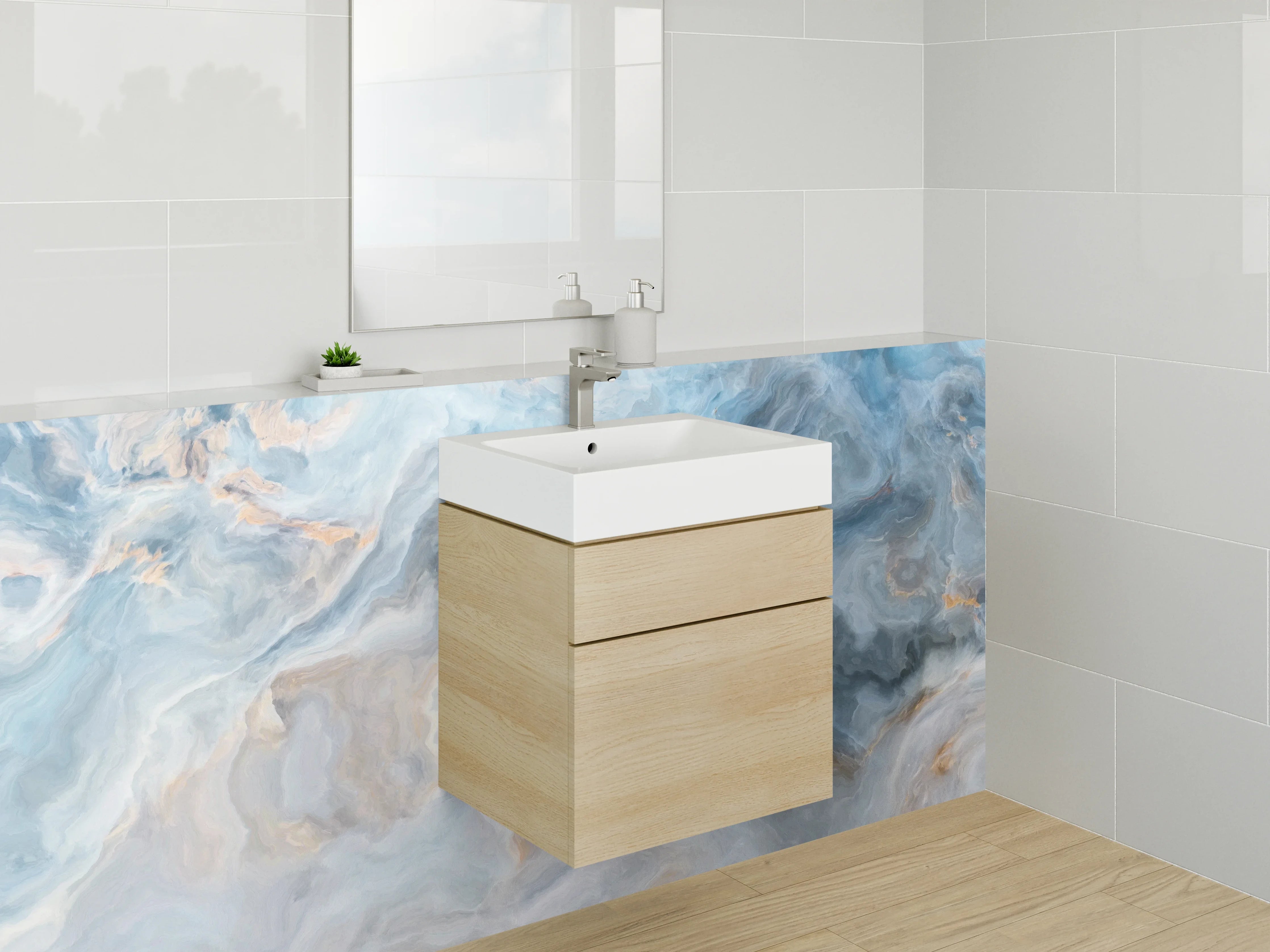 Waschbecken-Rückwand - Blau-Graue Marmor-Optik Abstrakt