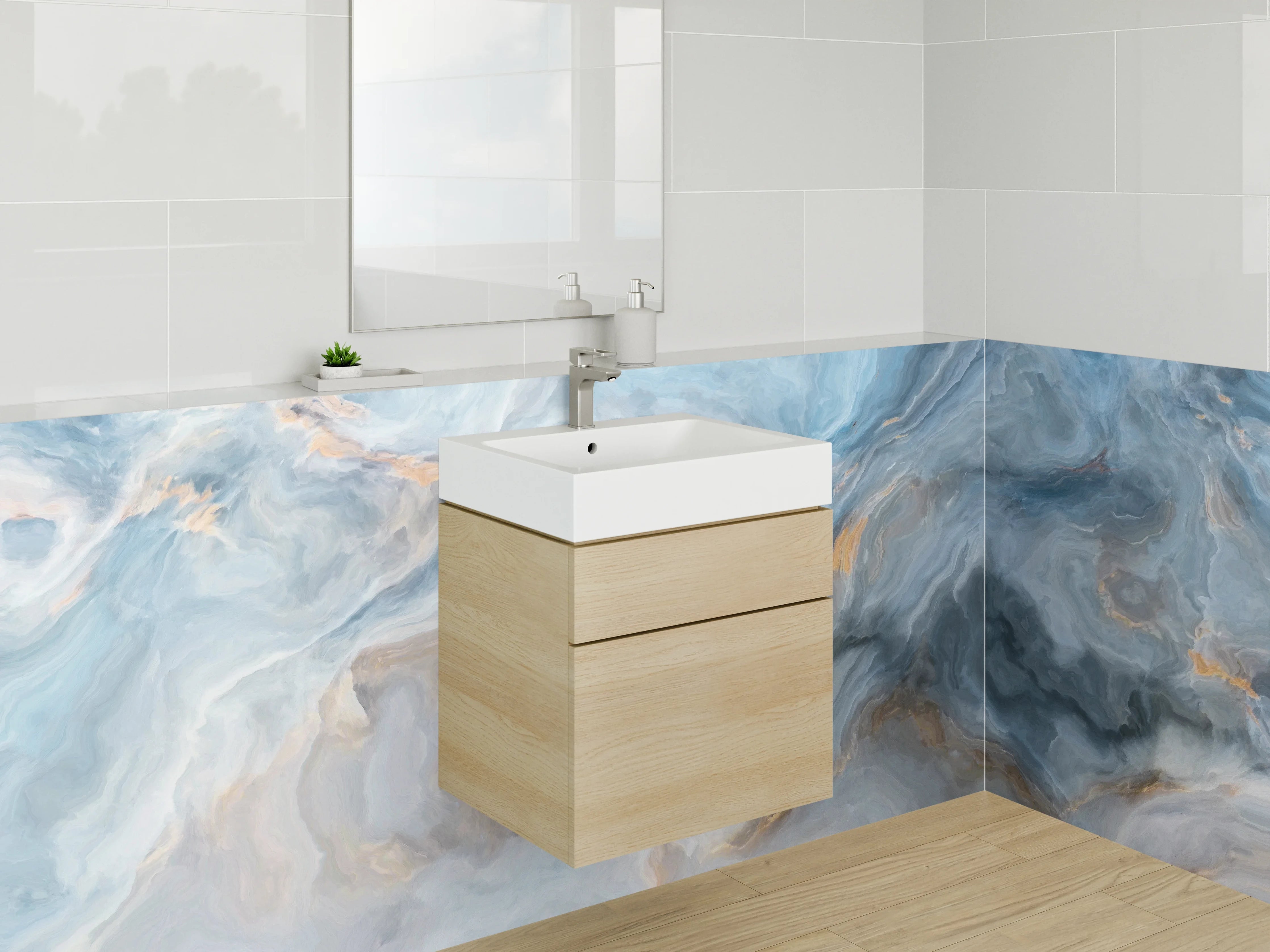 Waschbecken-Rückwand - Blau-Graue Marmor-Optik Abstrakt