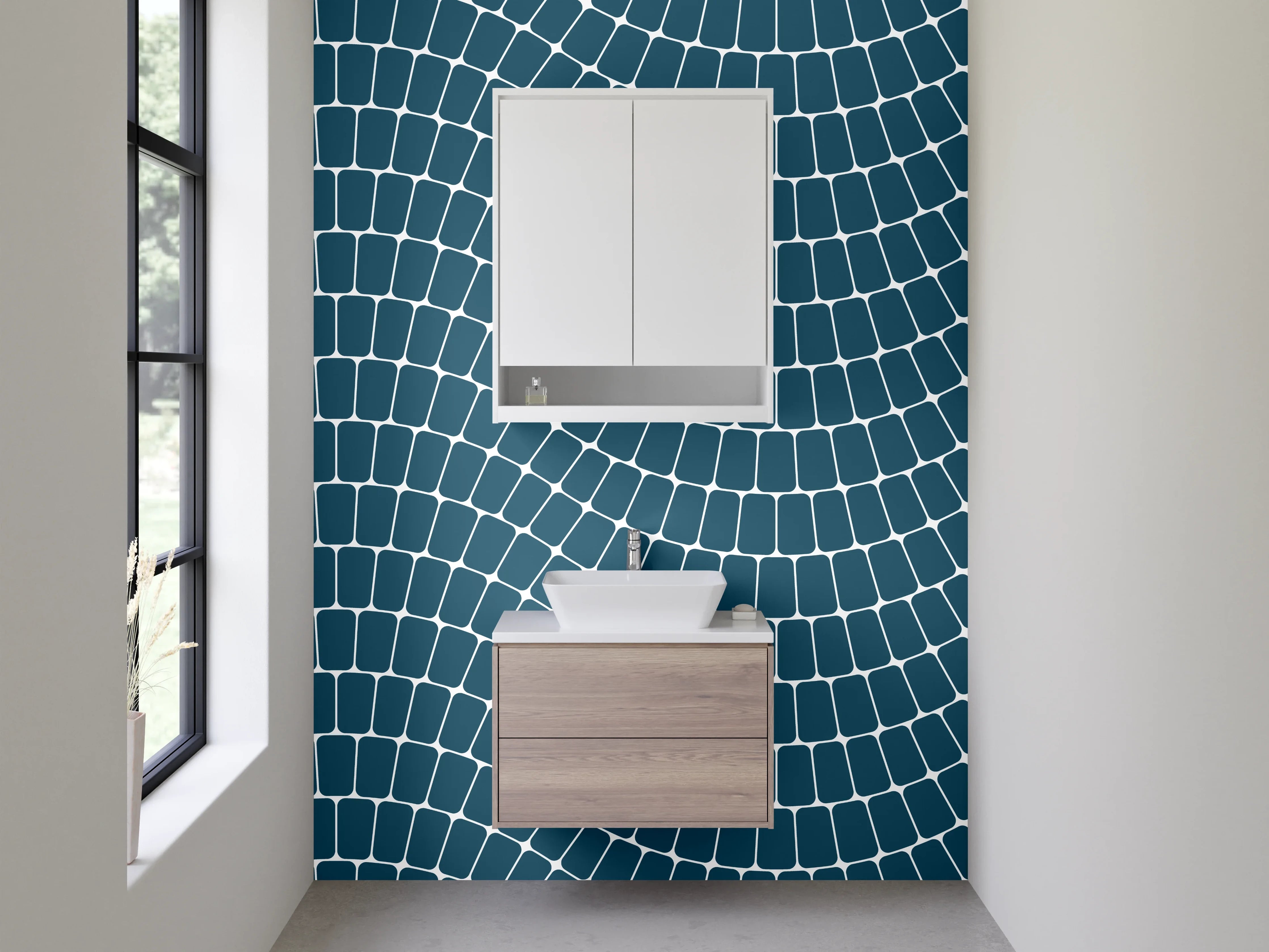 Waschbecken-Rückwand - Blau-Graue Wellen auf Weiß