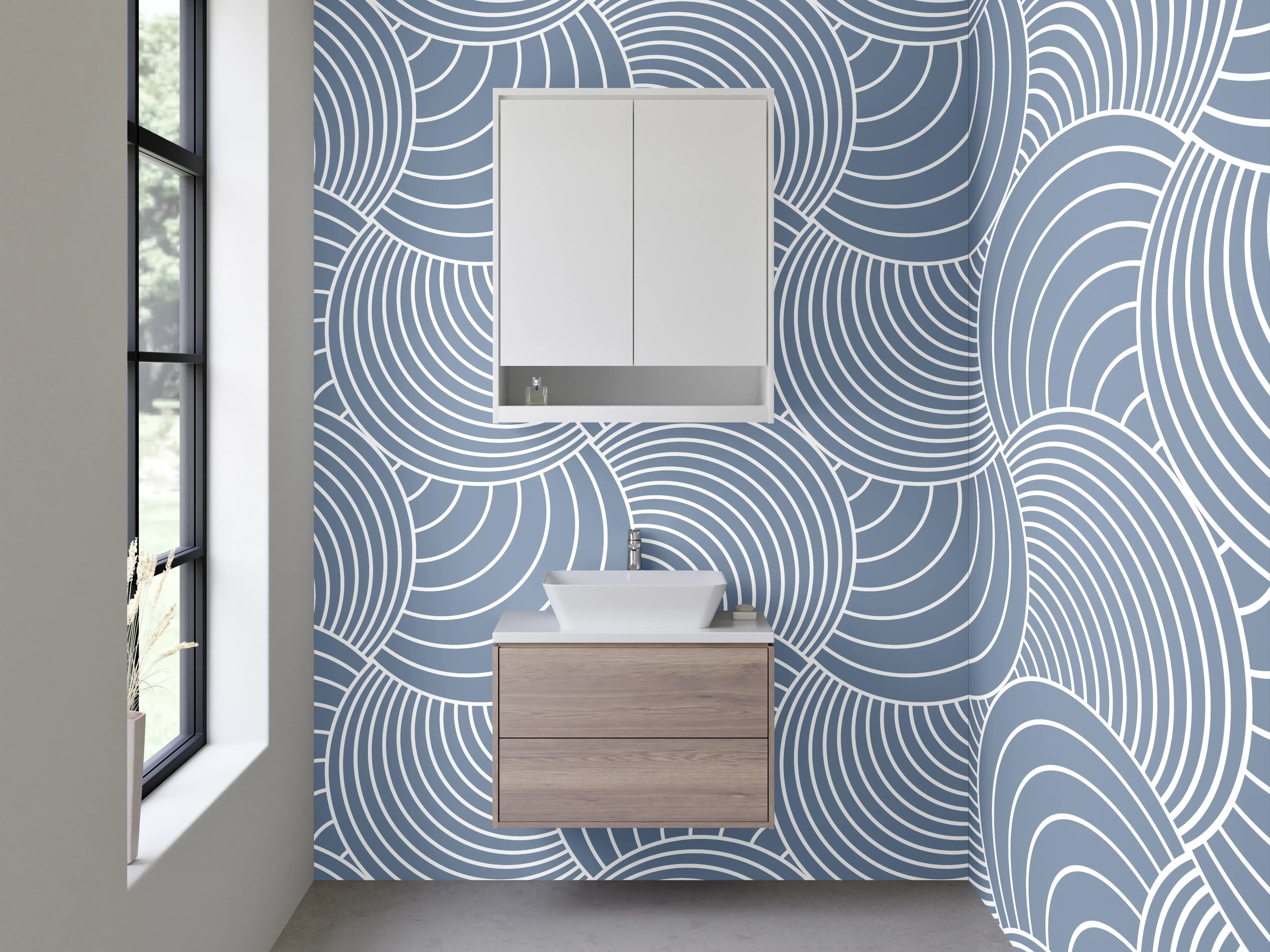 Waschbecken-Rückwand - Blau-Graue Wellenkunst mit Weiß