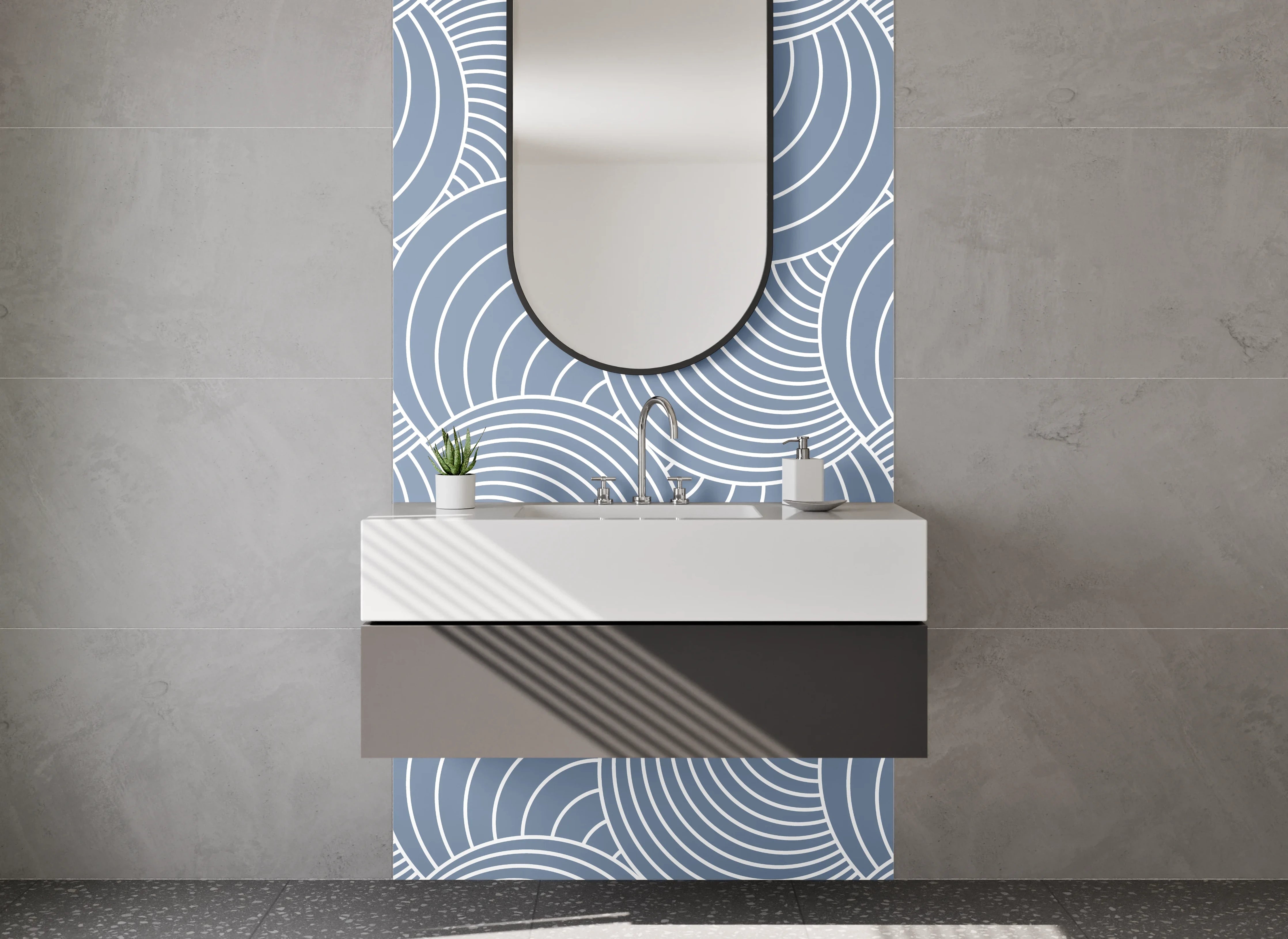 Waschbecken-Rückwand - Blau-Graue Wellenkunst mit Weiß