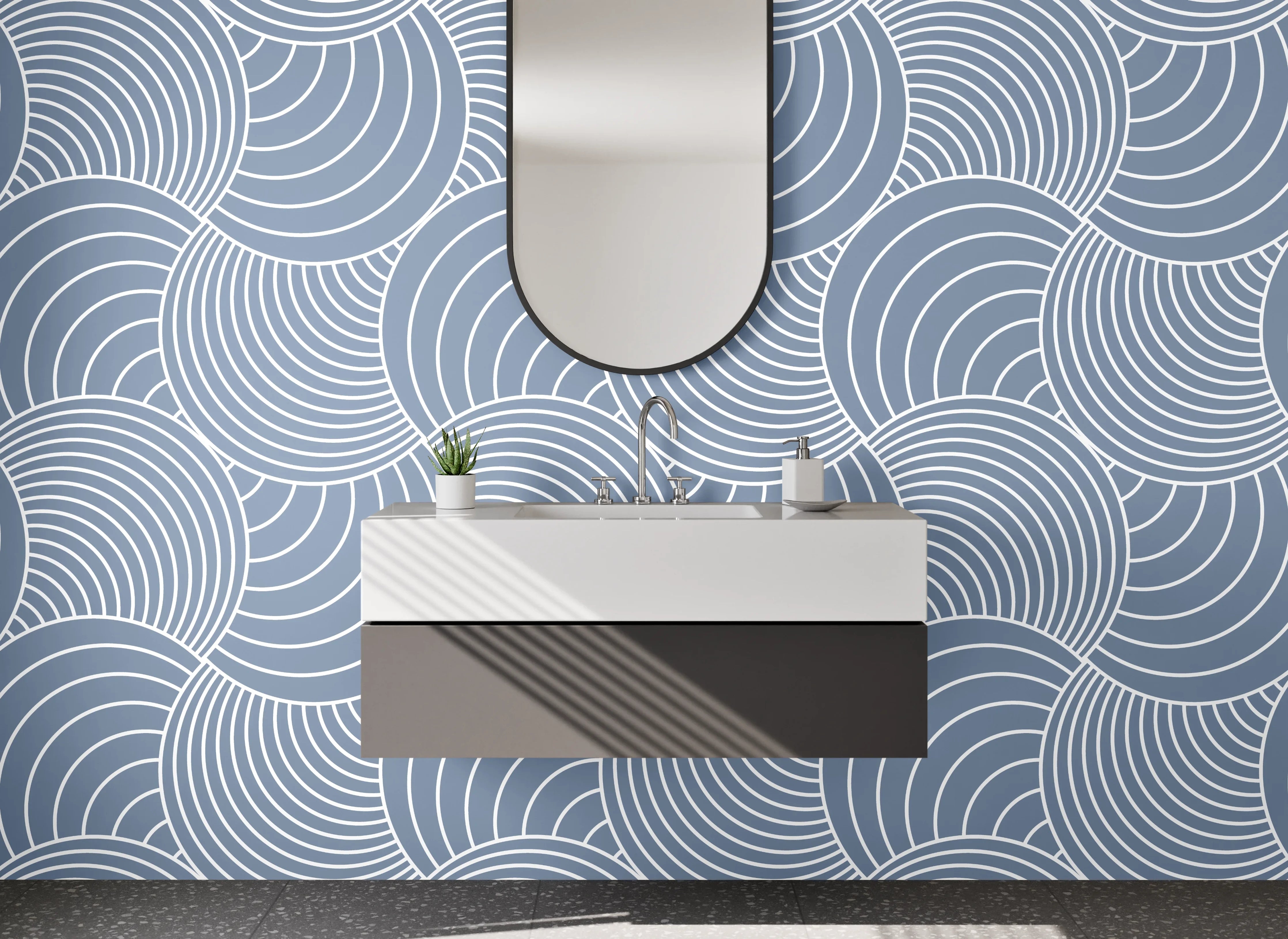 Waschbecken-Rückwand - Blau-Graue Wellenkunst mit Weiß