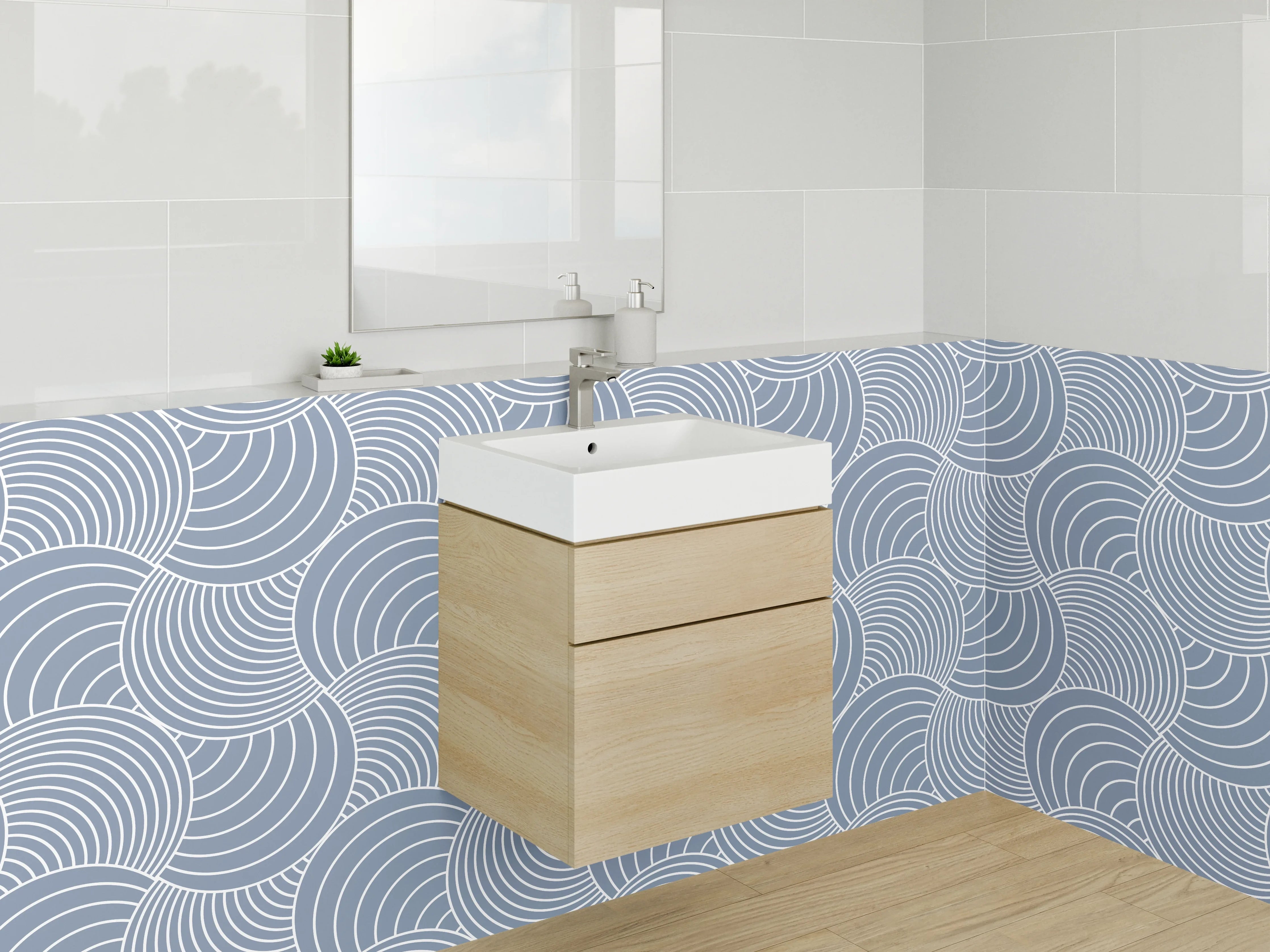 Waschbecken-Rückwand - Blau-Graue Wellenkunst mit Weiß
