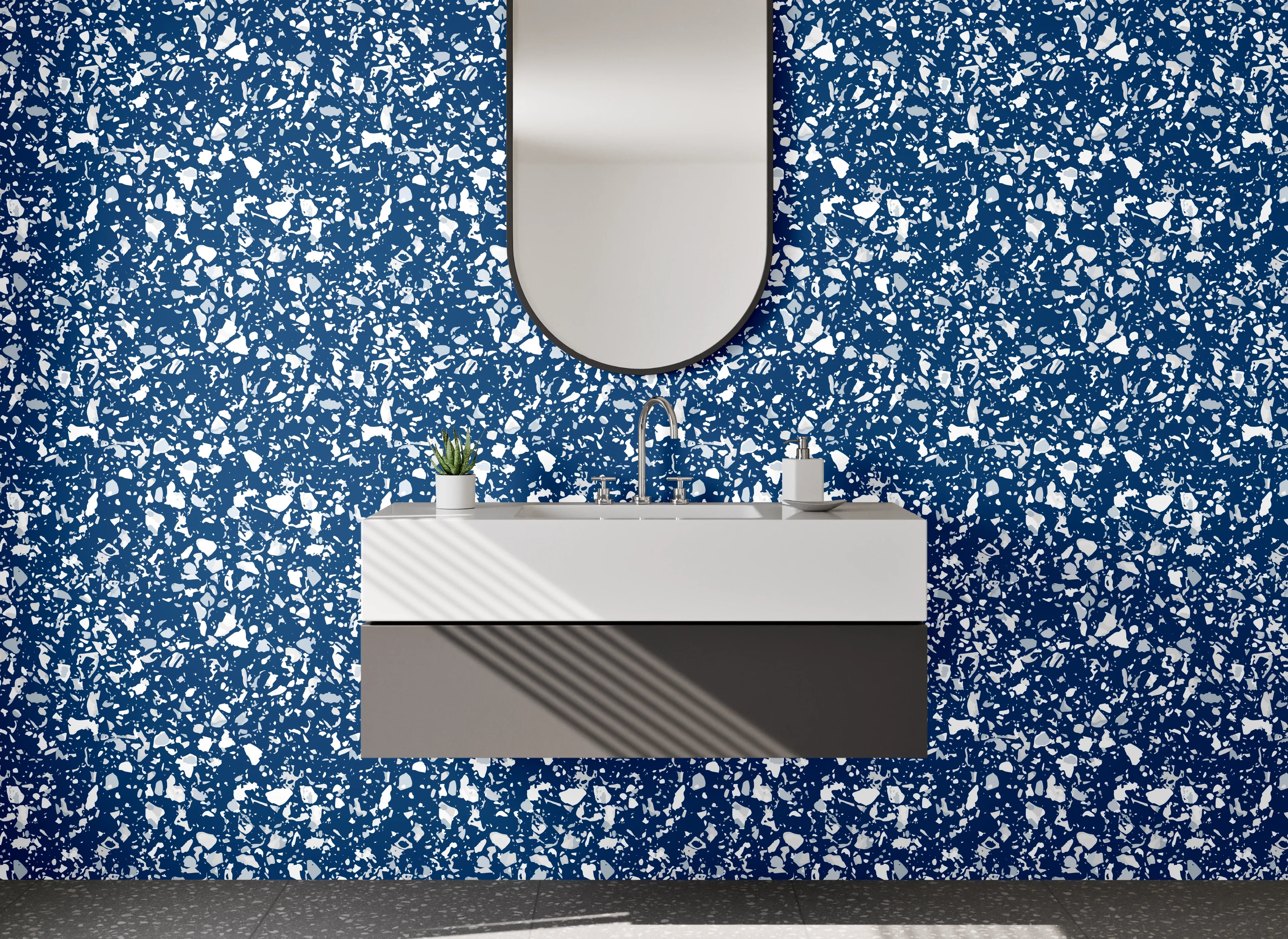 Waschbecken-Rückwand - Blau-Graues Blütenmosaik auf Weiß