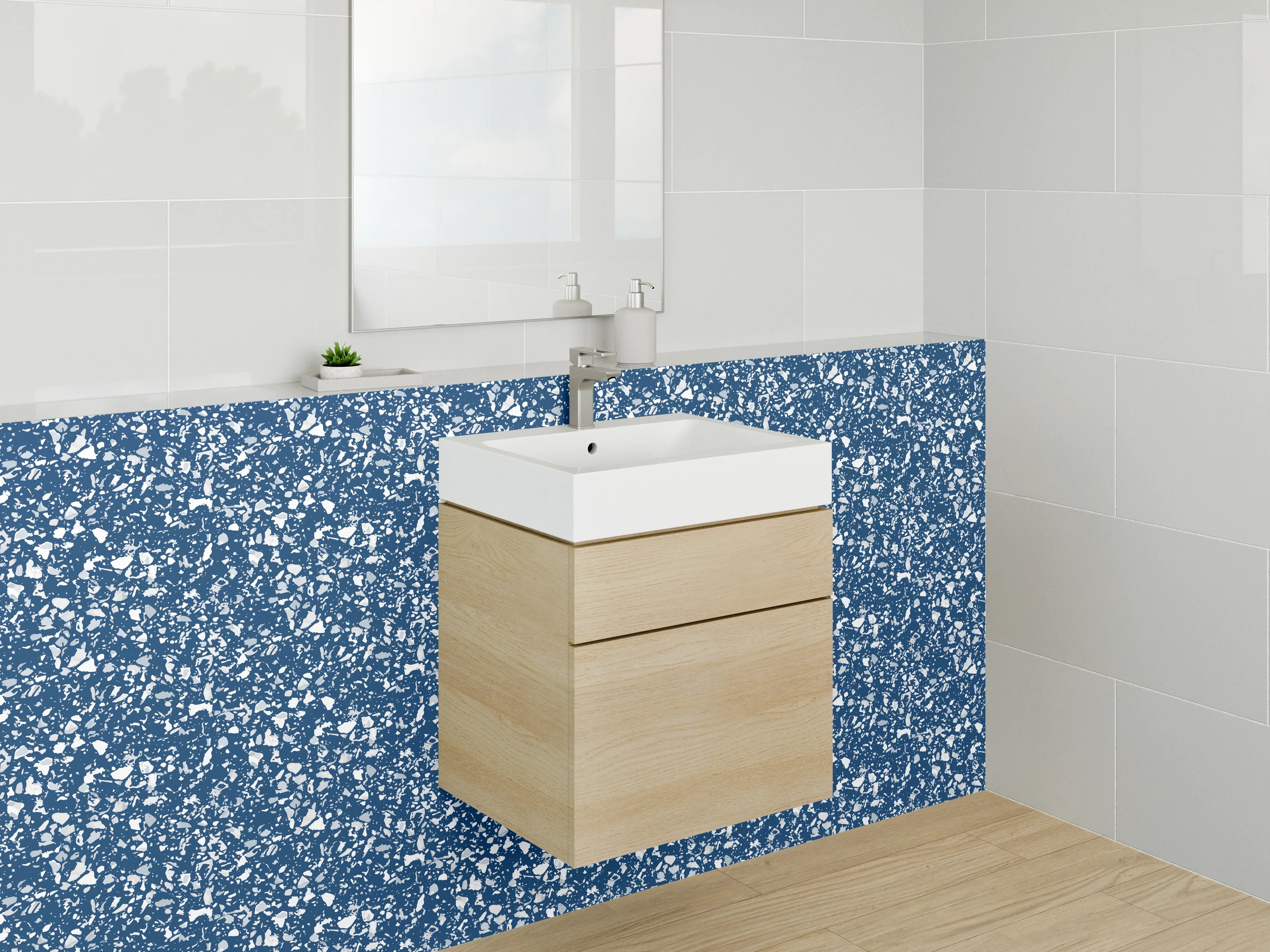 Waschbecken-Rückwand - Blau-Graues Blütenmosaik auf Weiß