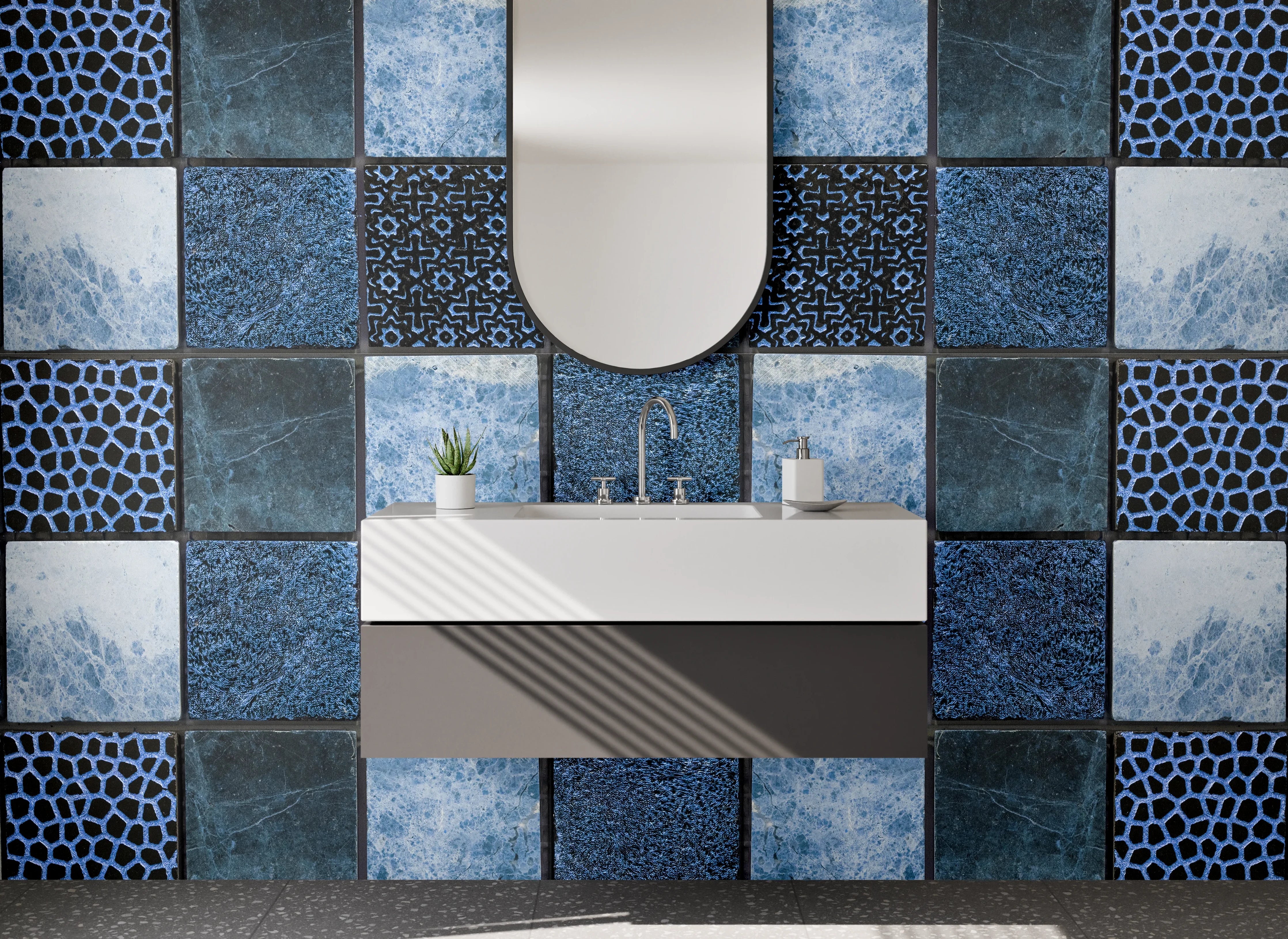 Waschbecken-Rückwand - Blau-Graues Mosaikflair