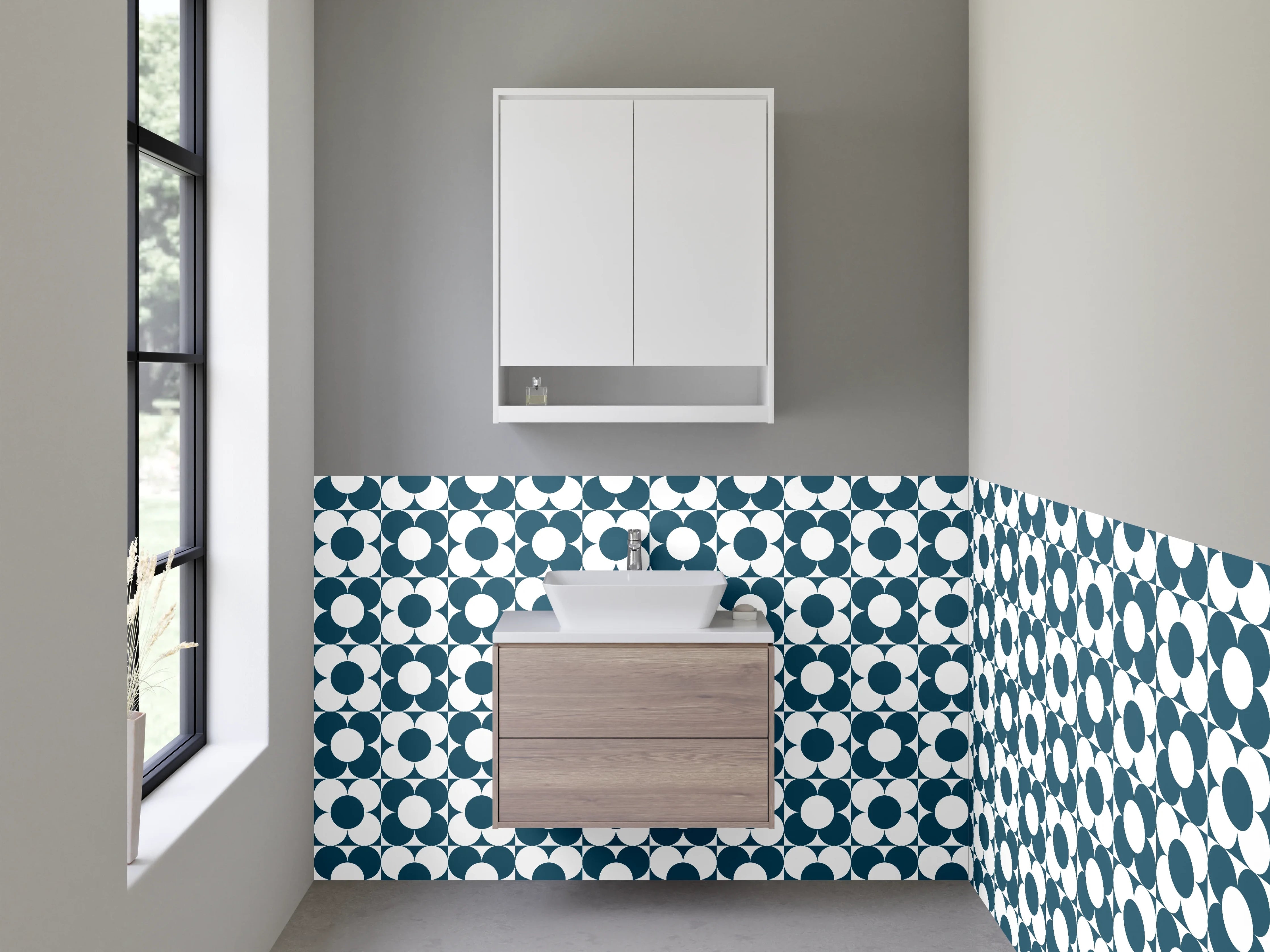Waschbecken-Rückwand - Blau-Graues Retro-Muster mit Weiß