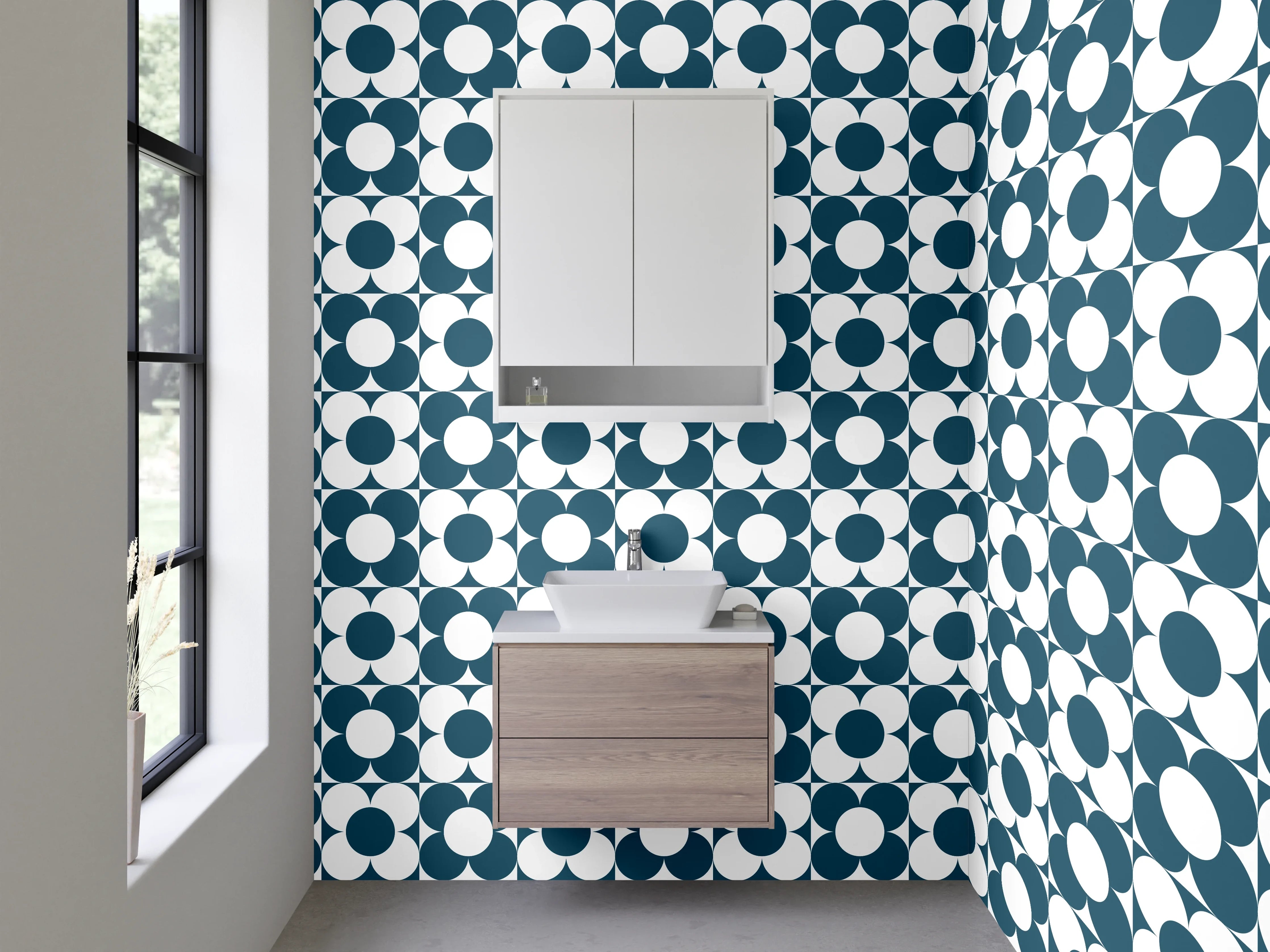 Waschbecken-Rückwand - Blau-Graues Retro-Muster mit Weiß