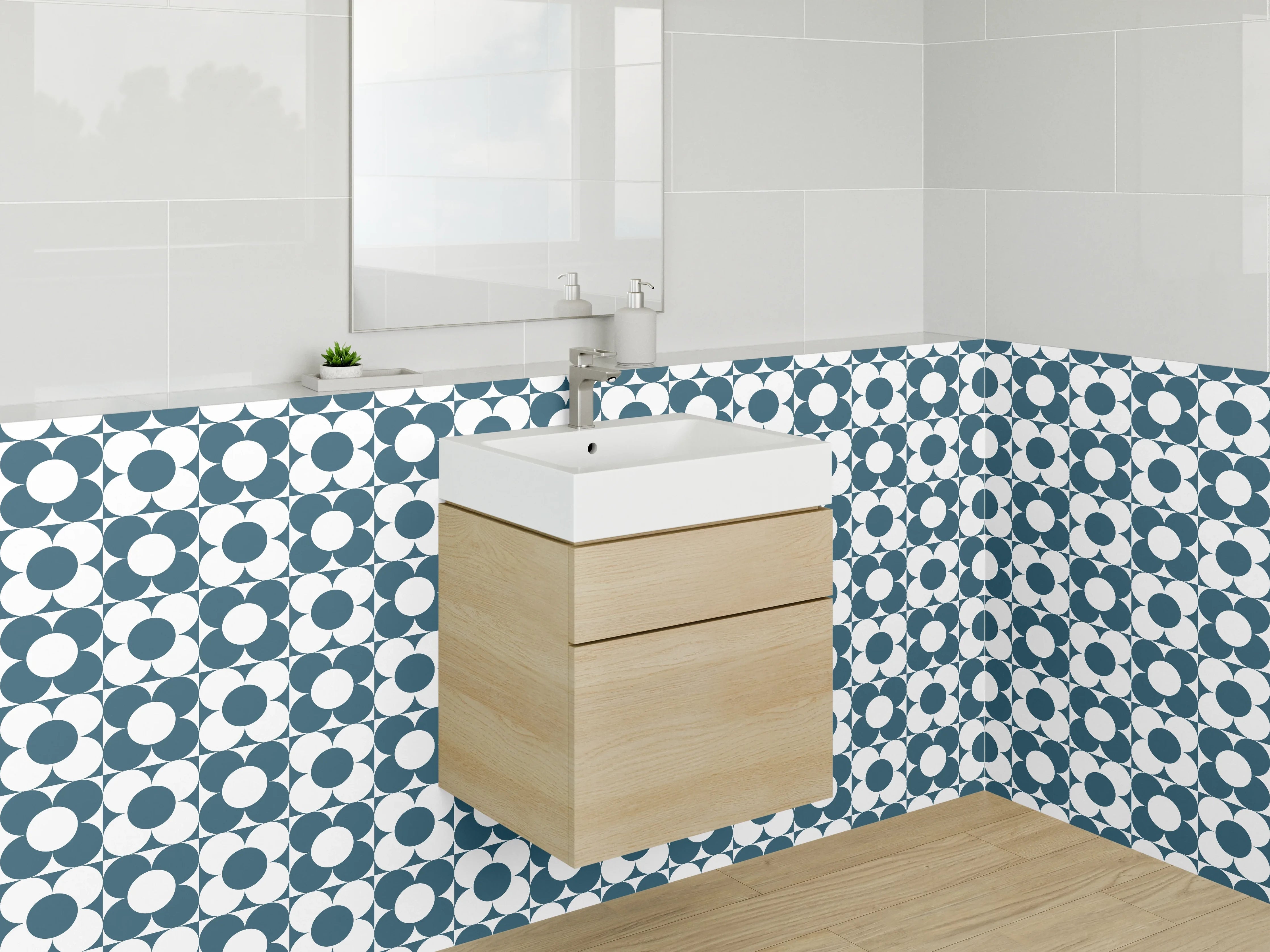 Waschbecken-Rückwand - Blau-Graues Retro-Muster mit Weiß