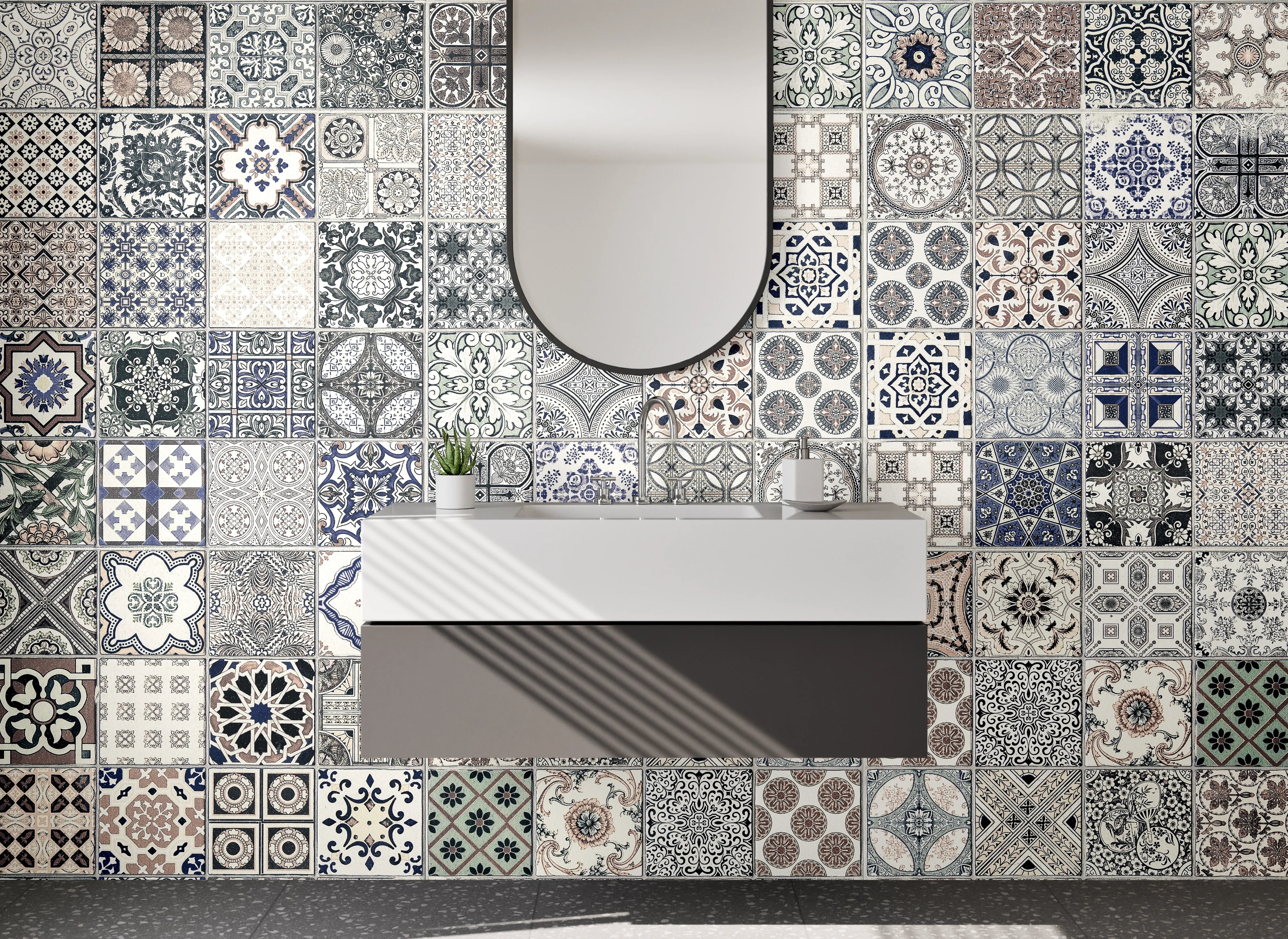 Waschbecken-Rückwand - Blau-Weiße Terrakotta-Fliesen im Retro-Design