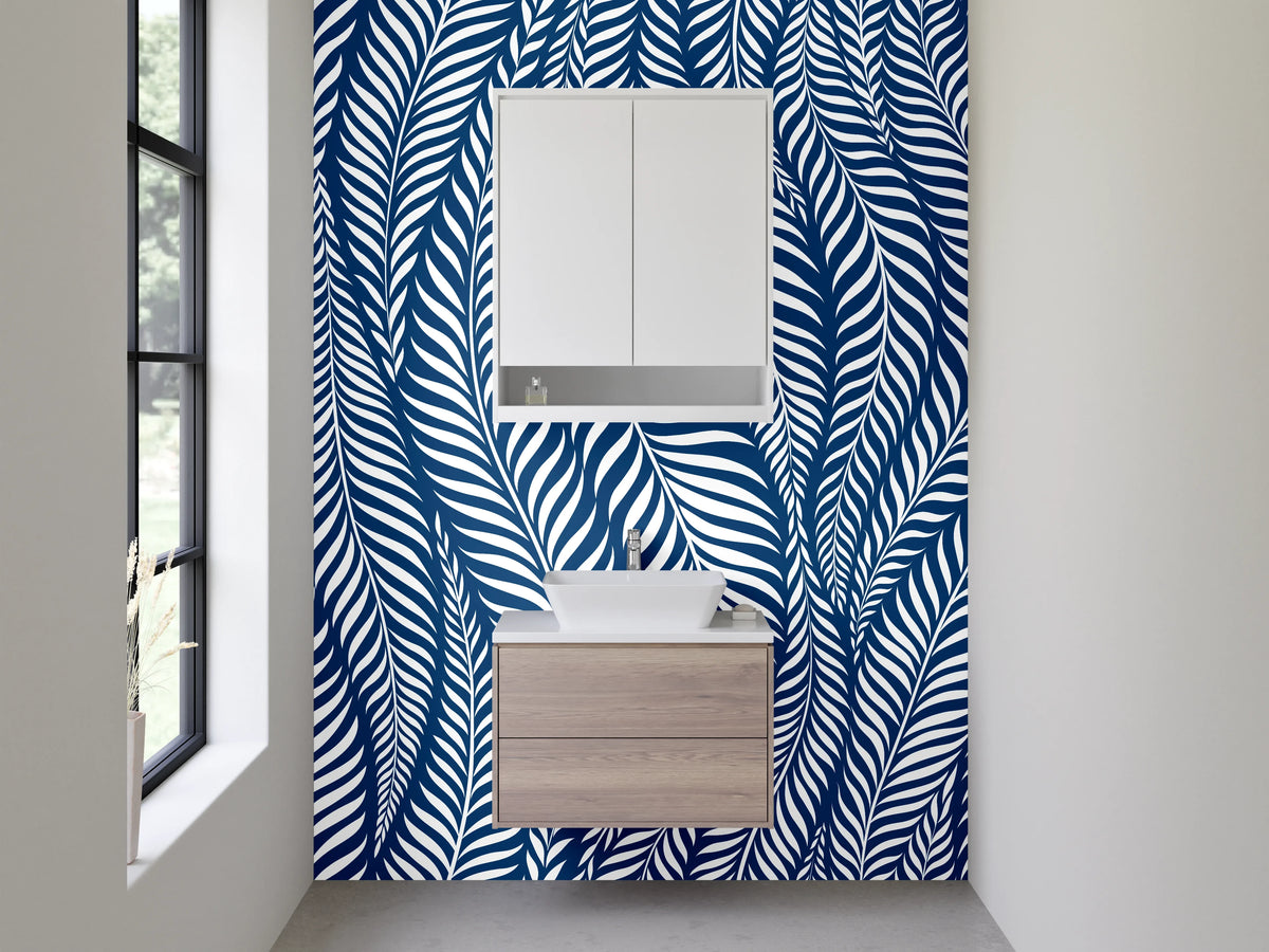 Waschbecken-Rückwand - Blau Weißes Blätter Muster modern
