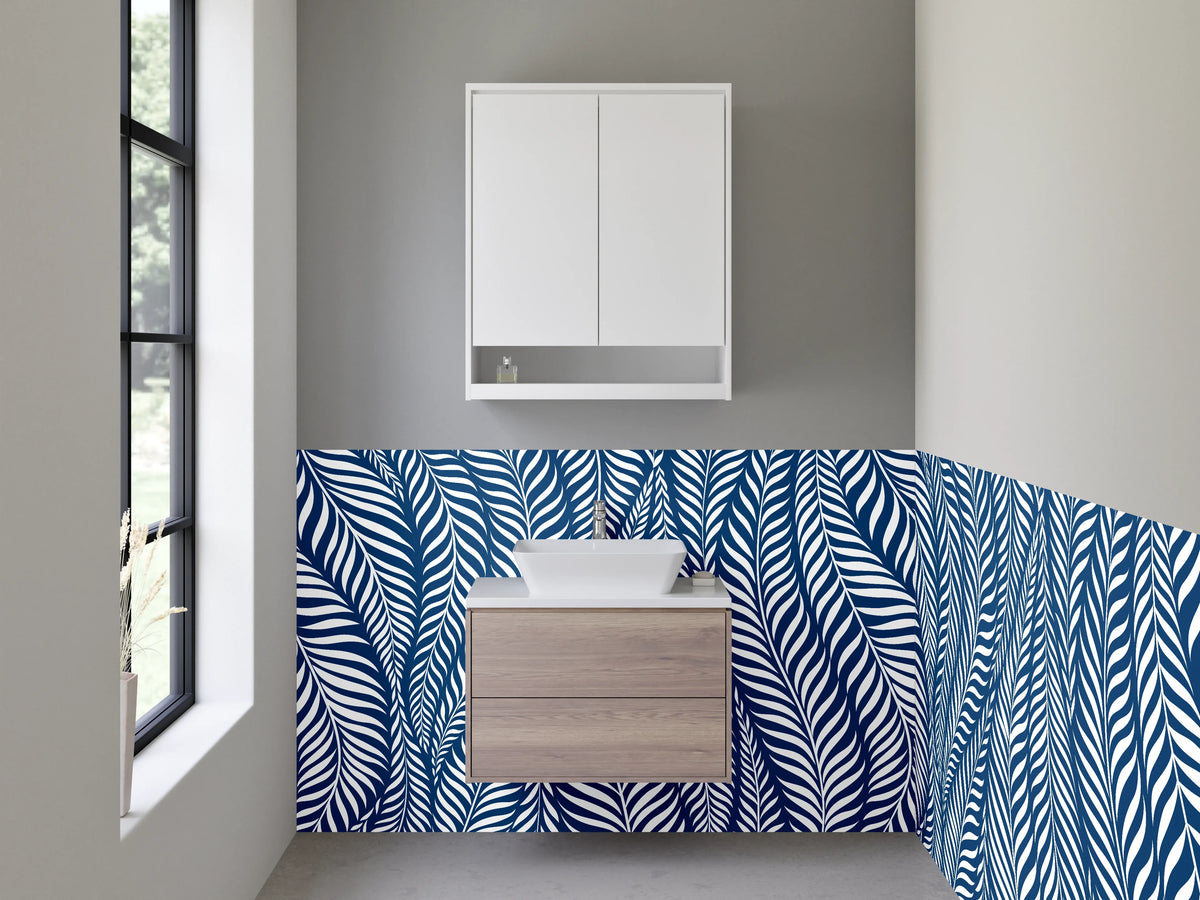 Waschbecken-Rückwand - Blau Weißes Blätter Muster modern