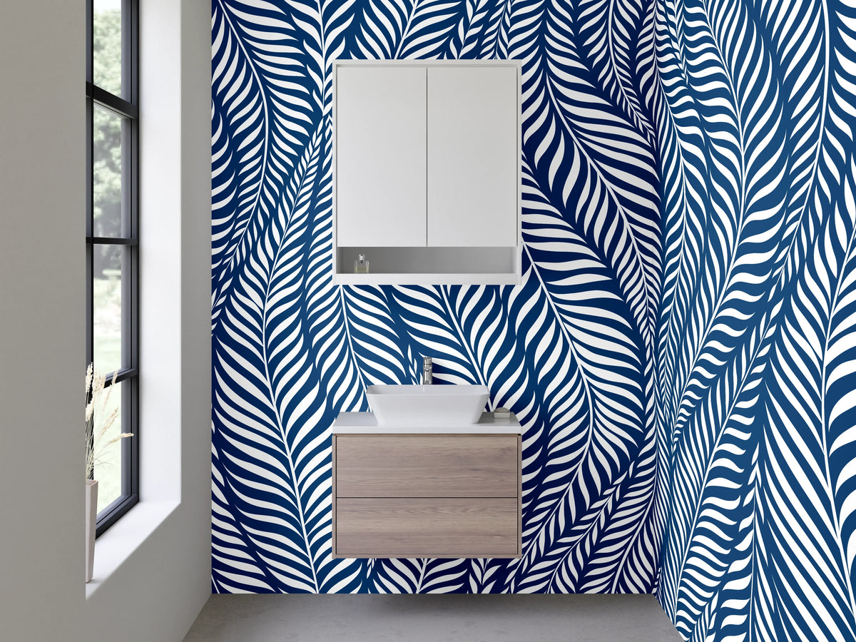 Waschbecken-Rückwand - Blau Weißes Blätter Muster modern