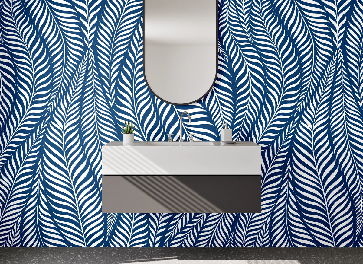 Waschbecken-Rückwand - Blau Weißes Blätter Muster modern
