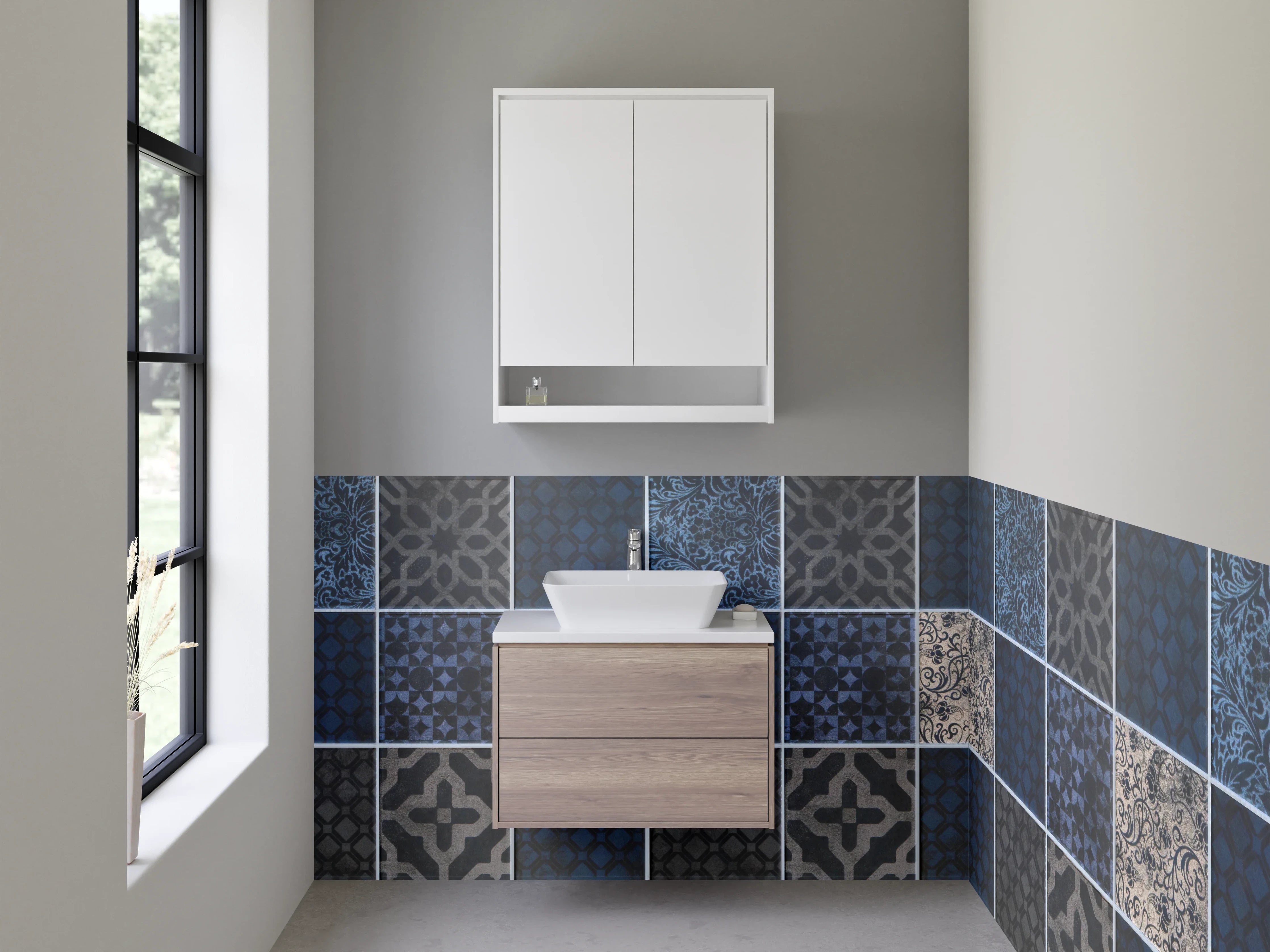 Waschbecken-Rückwand - Blau gemusterte Retro-Fliesenoptik