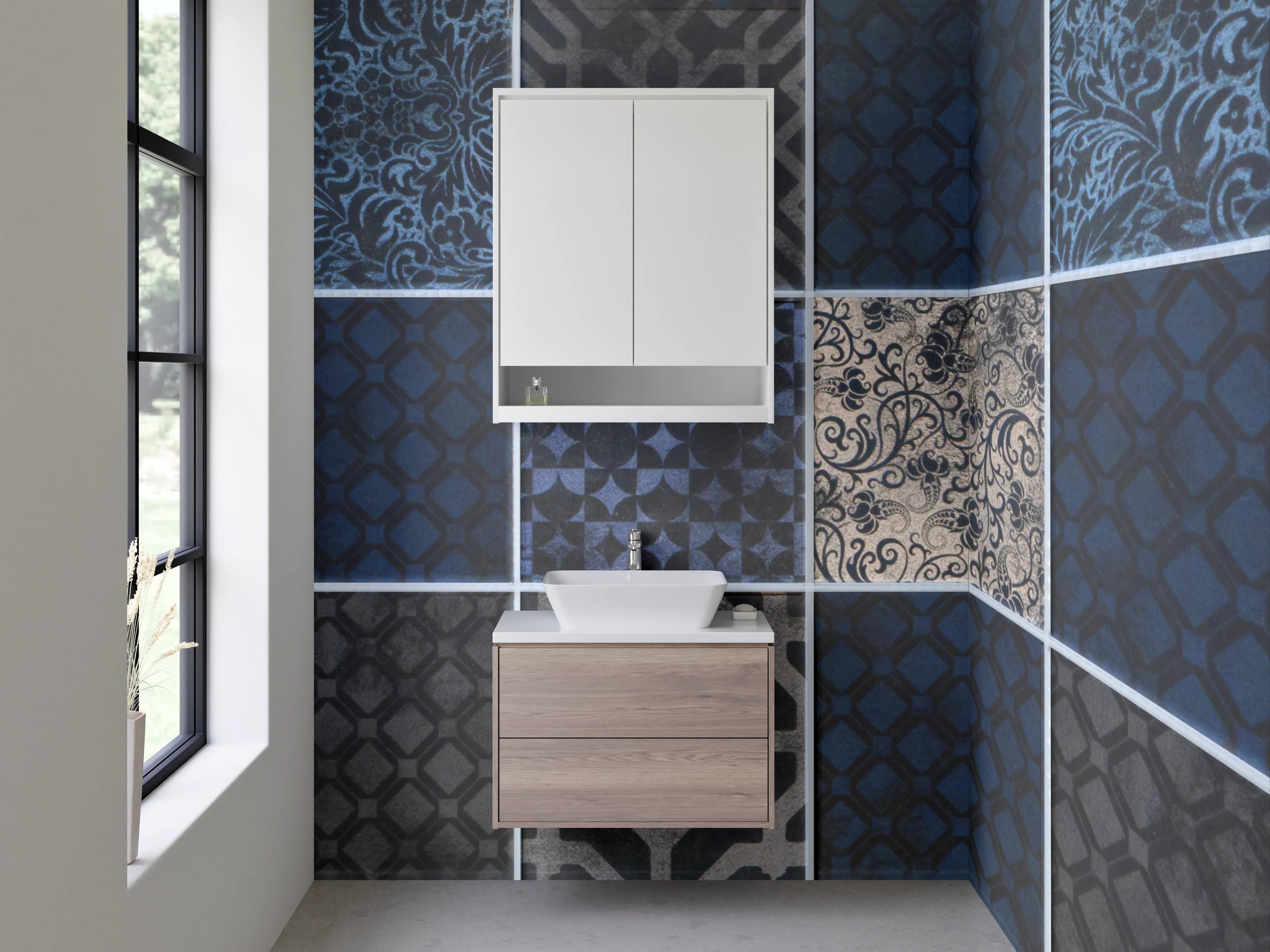 Waschbecken-Rückwand - Blau gemusterte Retro-Fliesenoptik