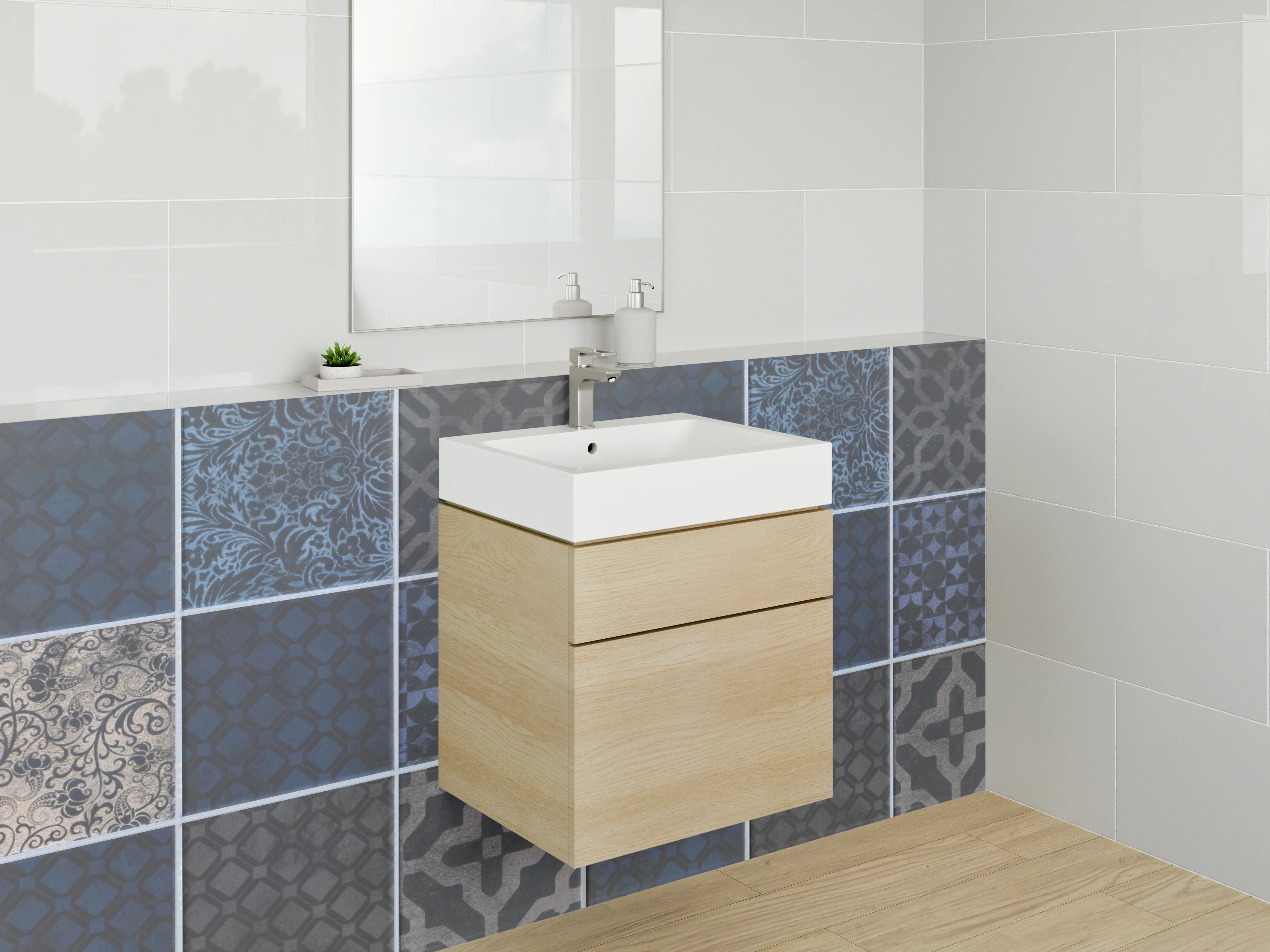 Waschbecken-Rückwand - Blau gemusterte Retro-Fliesenoptik