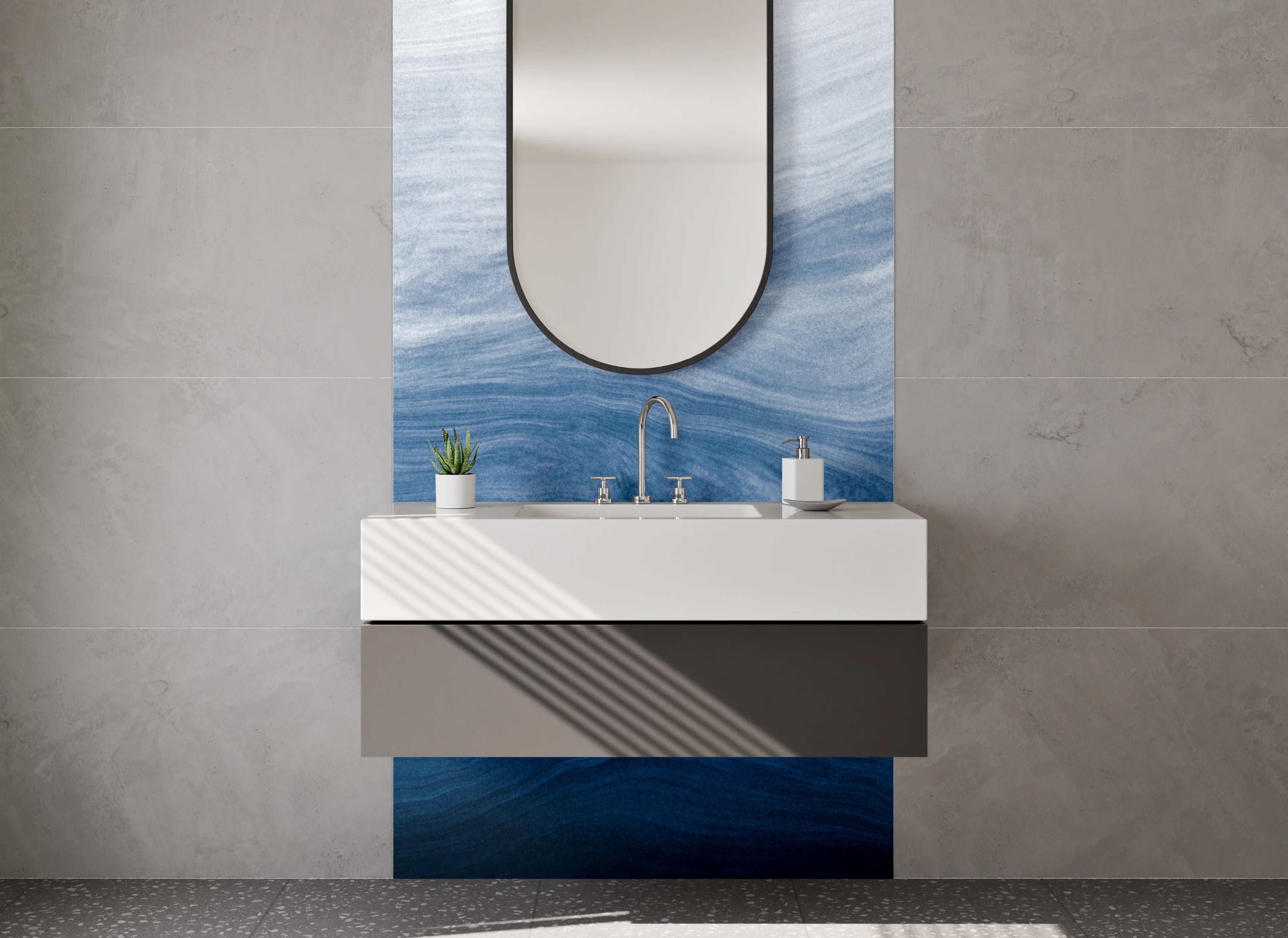 Waschbecken-Rückwand - Blau-weiße Wellenstruktur Aquarell Optik