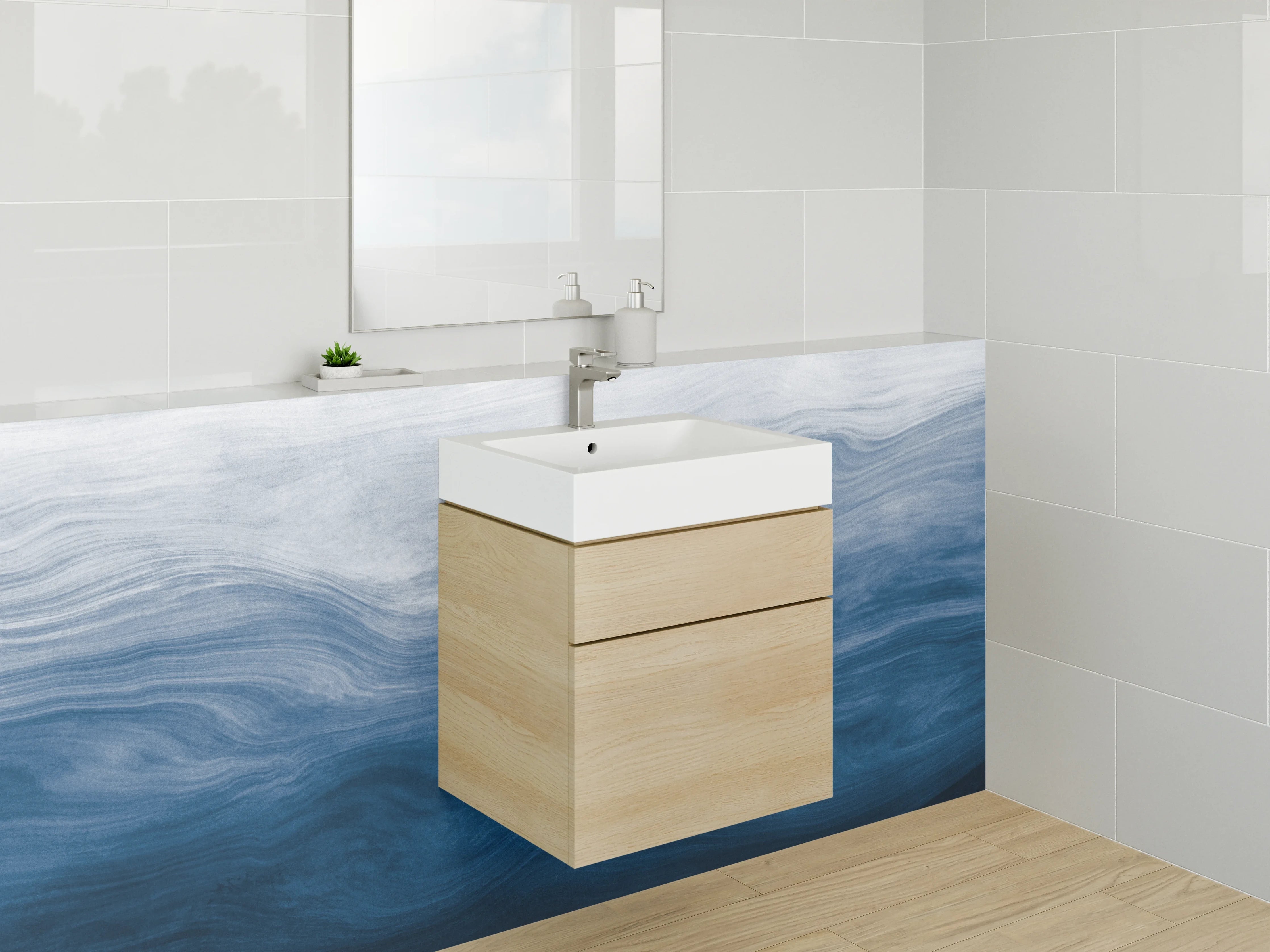 Waschbecken-Rückwand - Blau-weiße Wellenstruktur Aquarell Optik