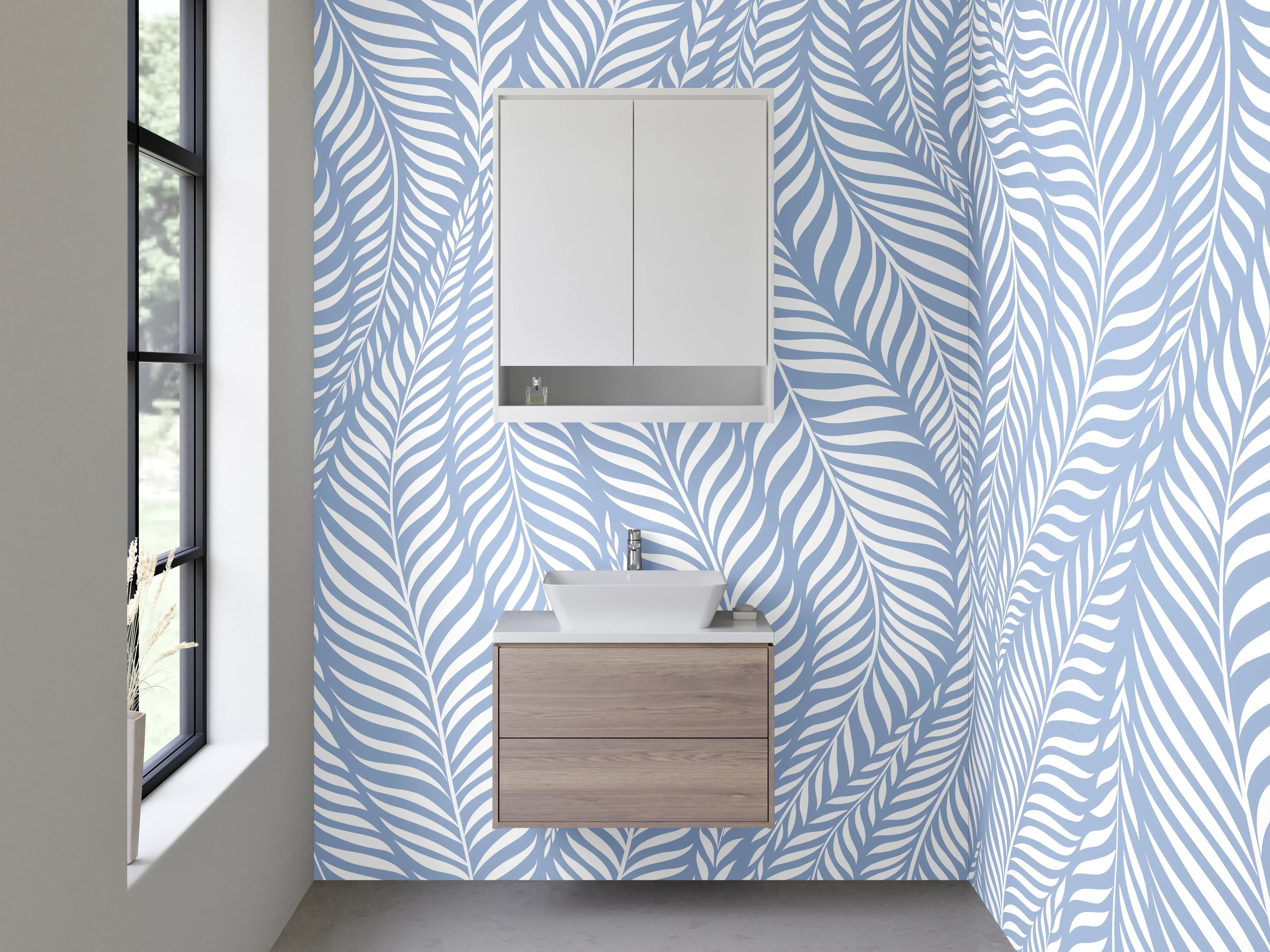 Waschbecken-Rückwand - Blau-weißes Blätter Design Muster
