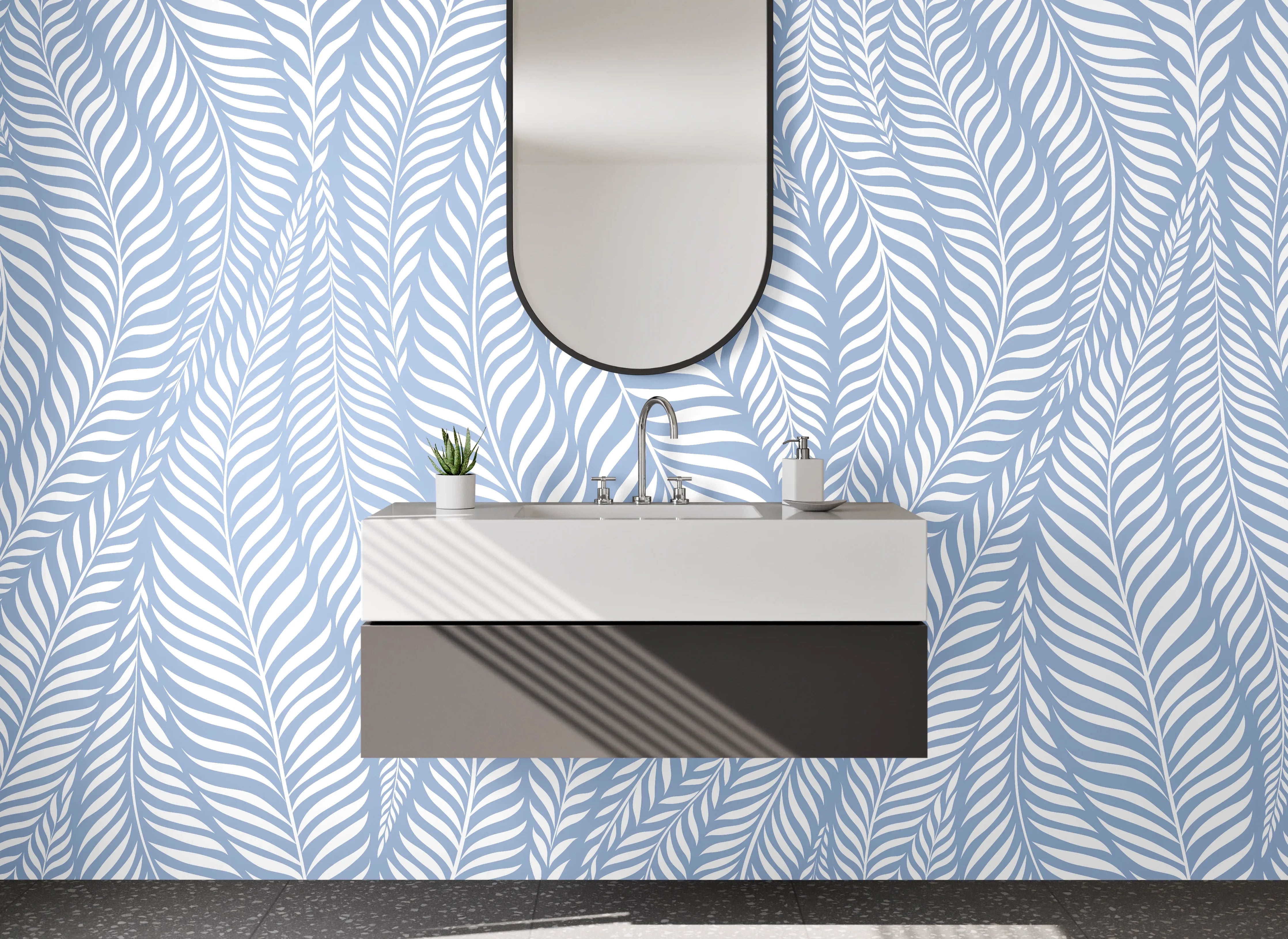 Waschbecken-Rückwand - Blau-weißes Blätter Design Muster