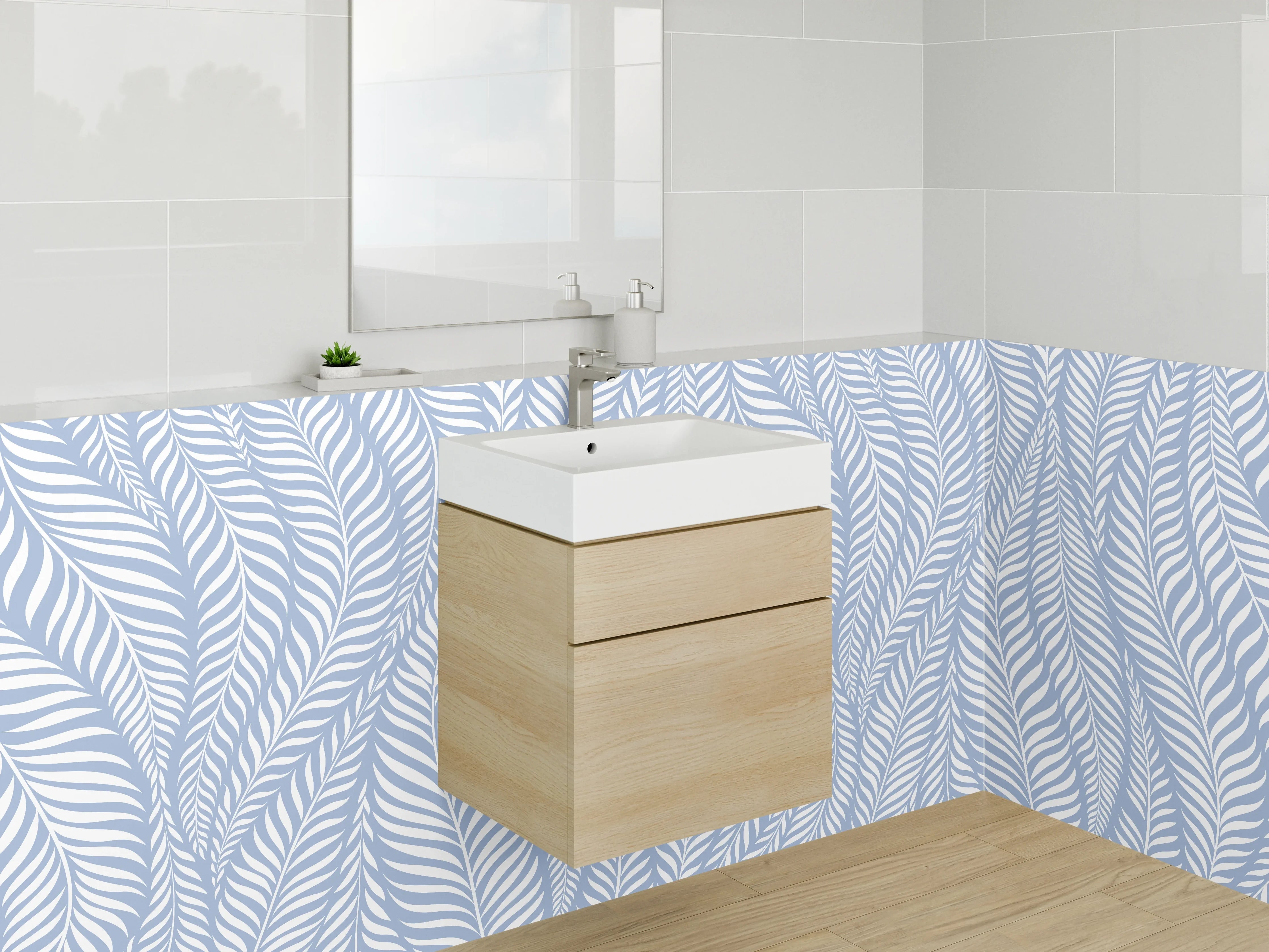 Waschbecken-Rückwand - Blau-weißes Blätter Design Muster
