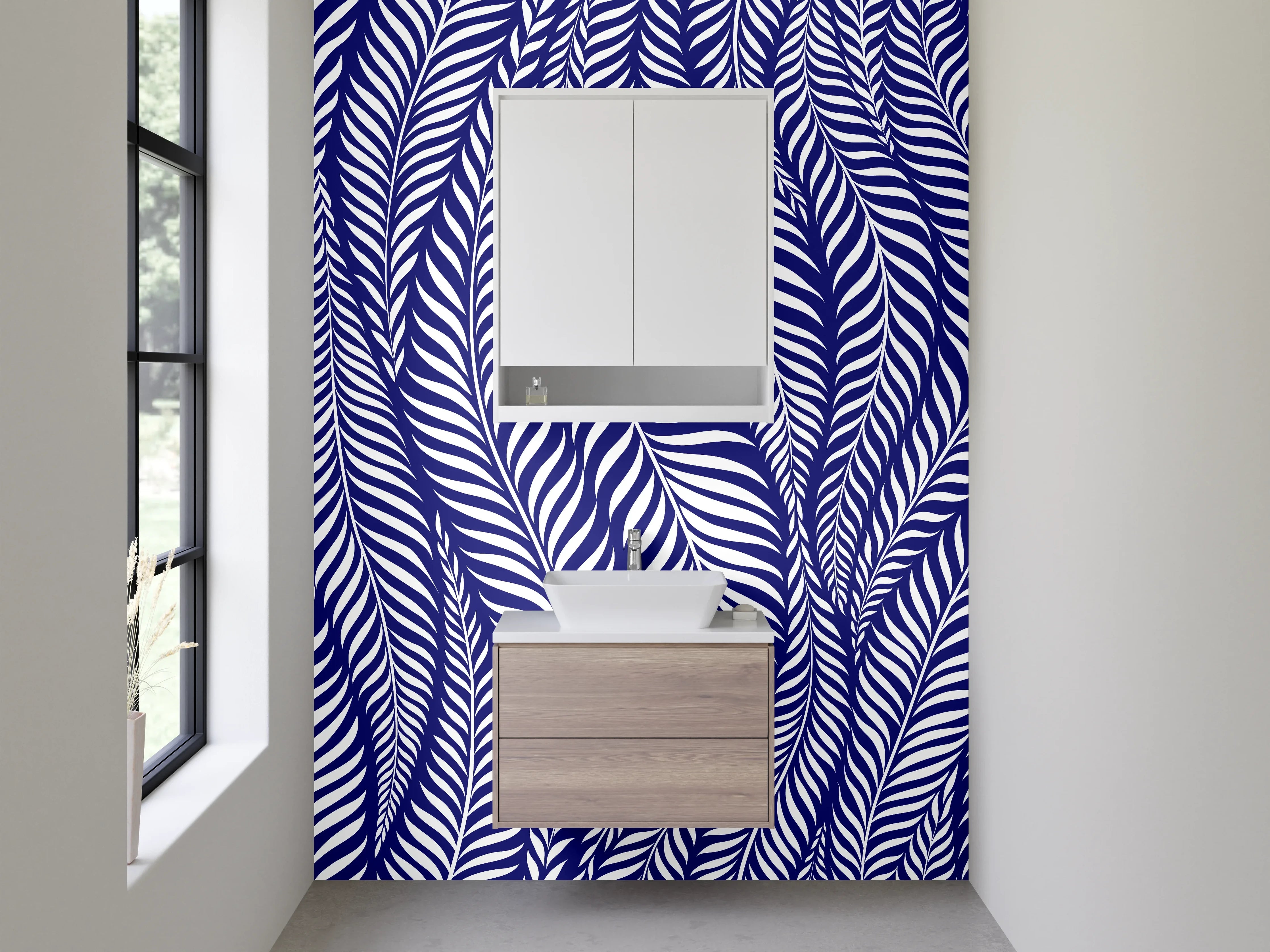 Waschbecken-Rückwand - Blau-weißes Blättermuster modern