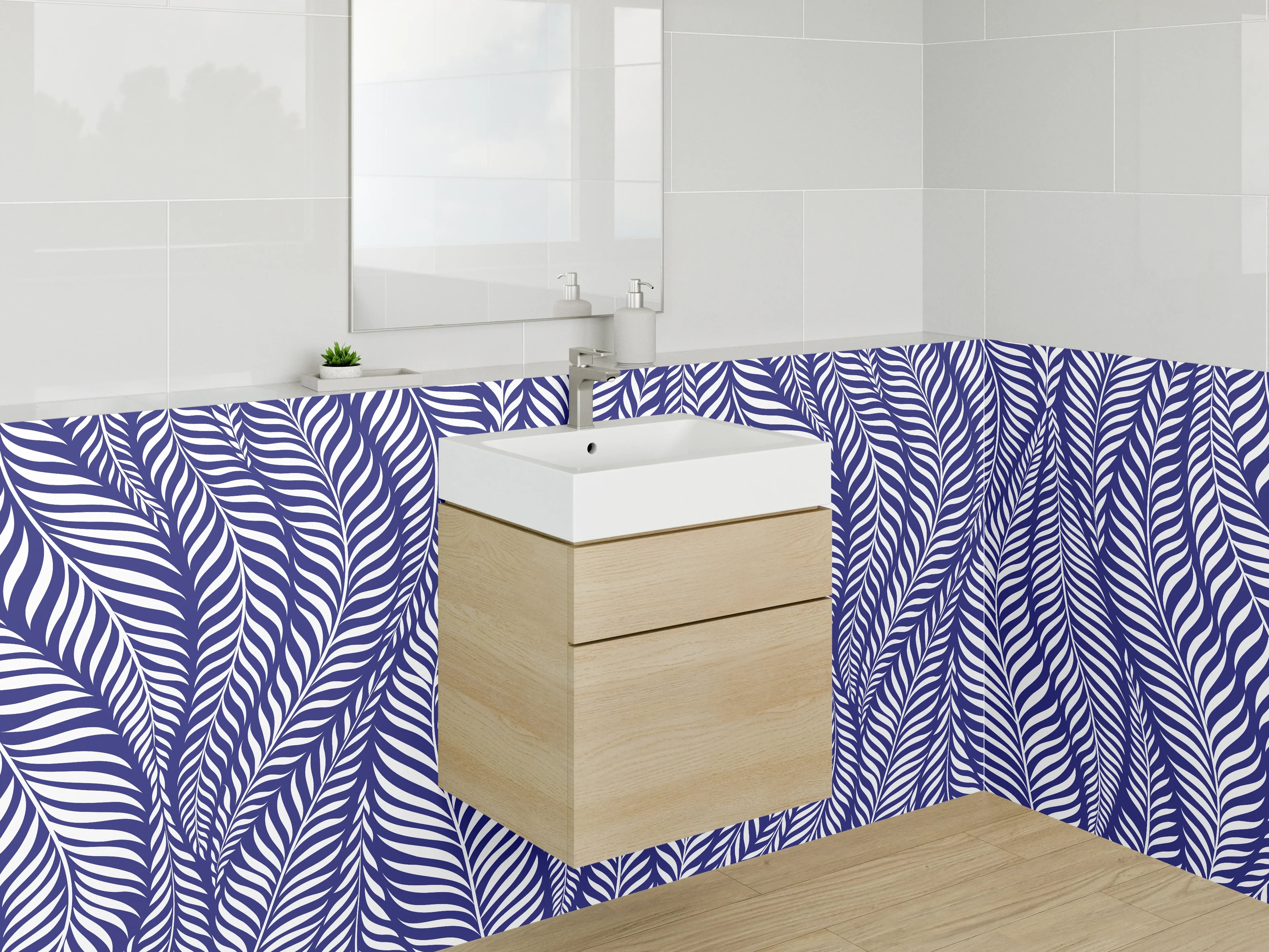 Waschbecken-Rückwand - Blau-weißes Blättermuster modern