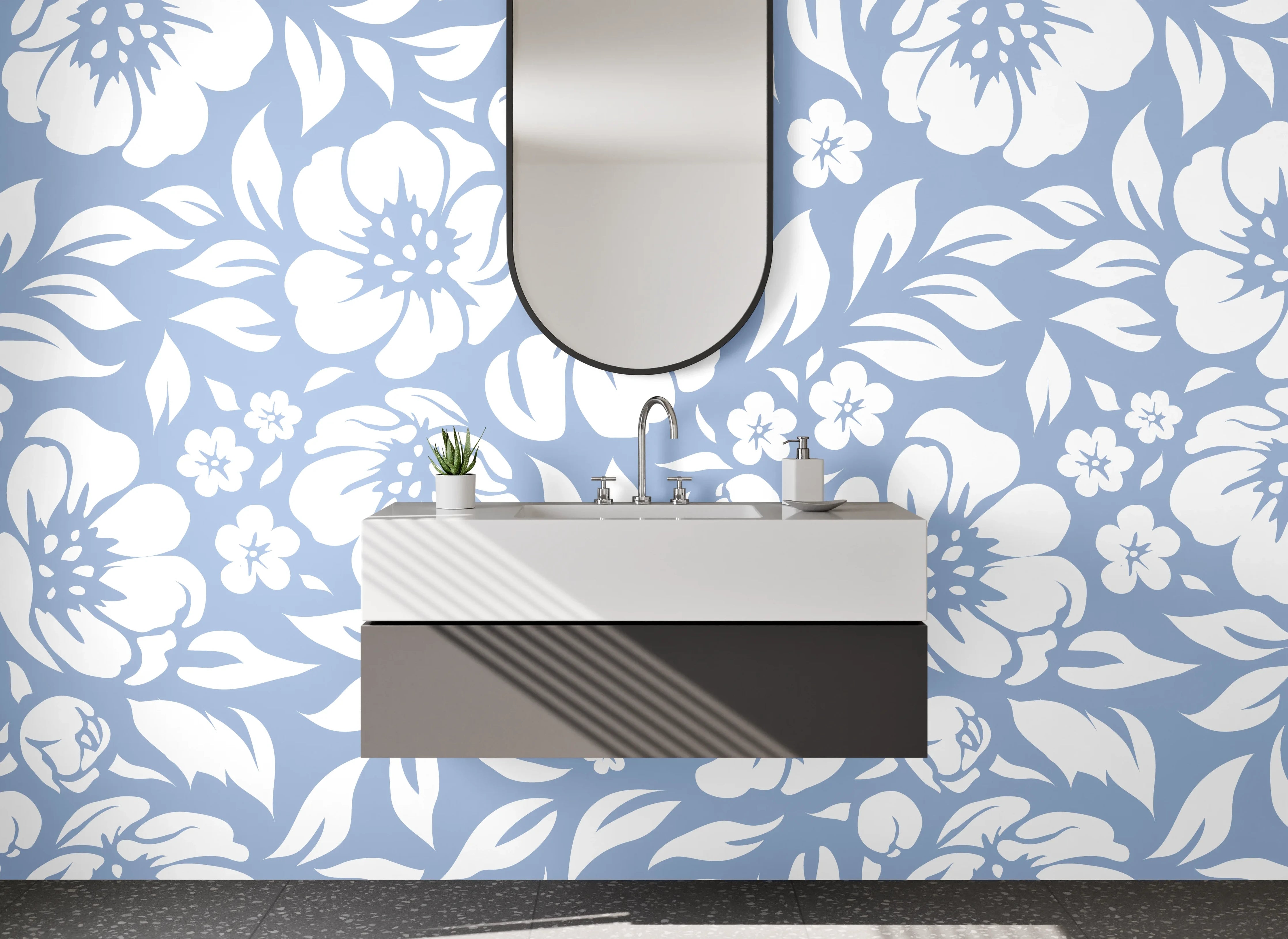 Waschbecken-Rückwand - Blau-weißes Blumenmuster Design