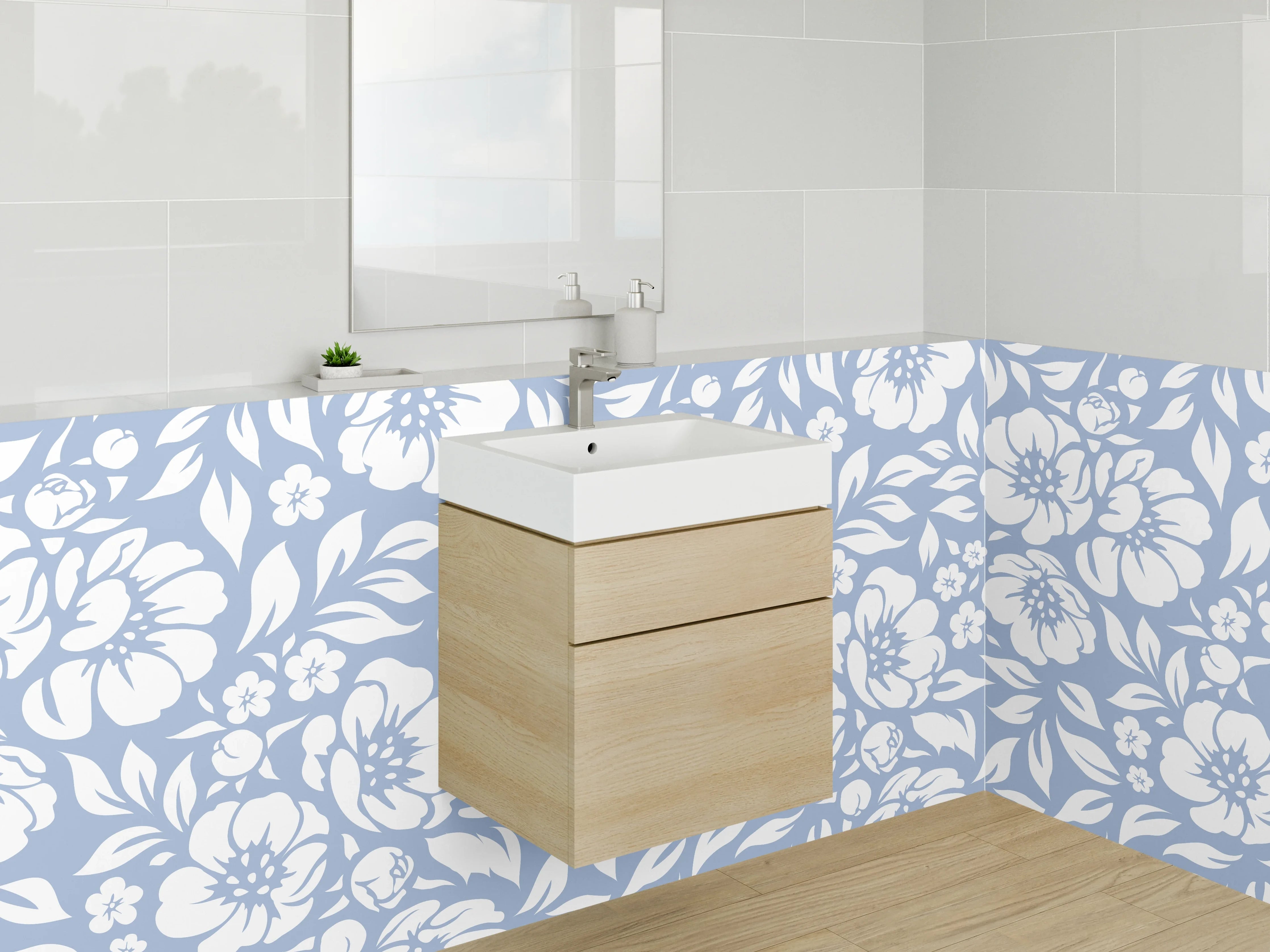 Waschbecken-Rückwand - Blau-weißes Blumenmuster Design