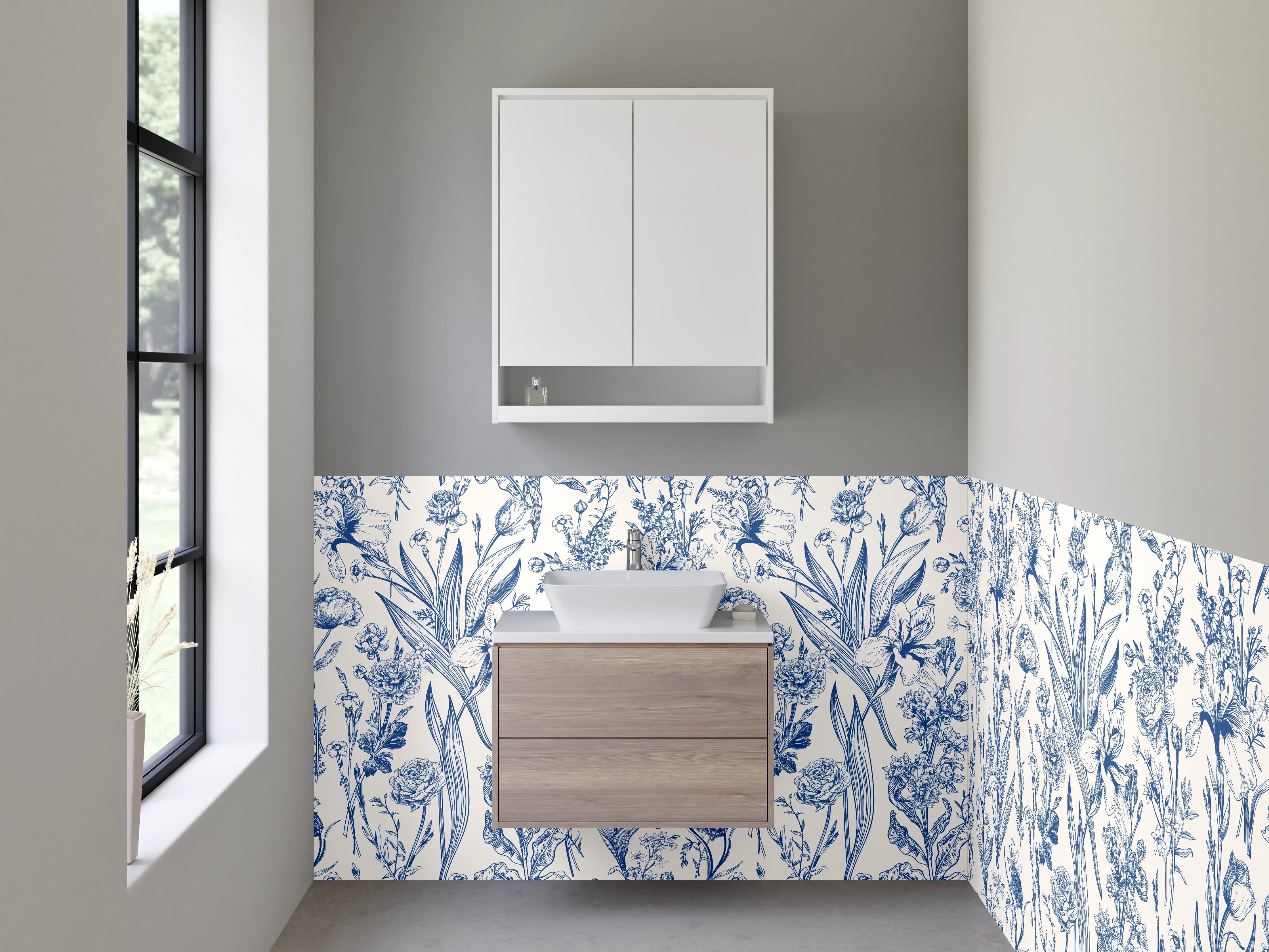 Waschbecken-Rückwand - Blau-weißes Blumenmuster Illustration