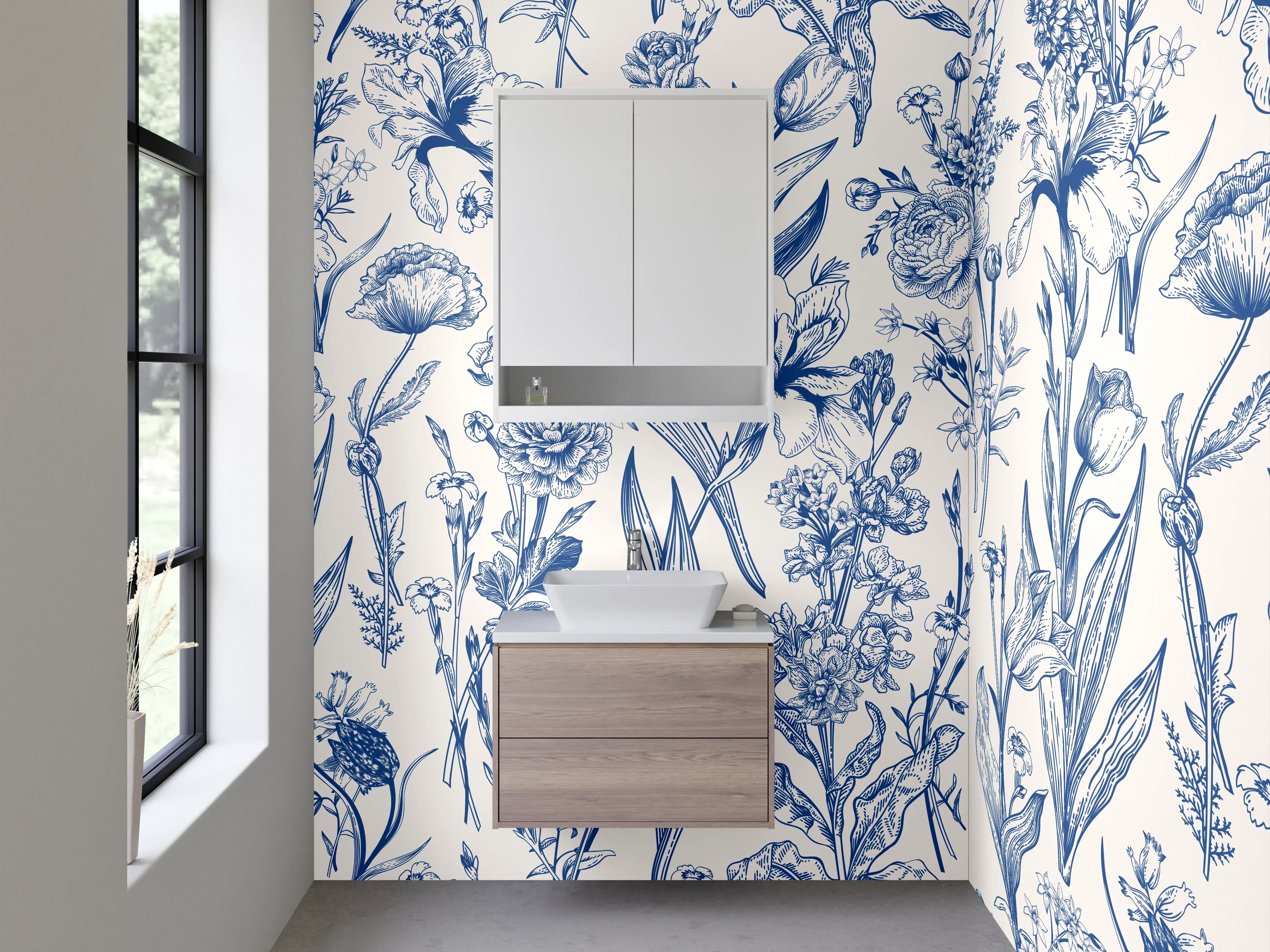 Waschbecken-Rückwand - Blau-weißes Blumenmuster Illustration