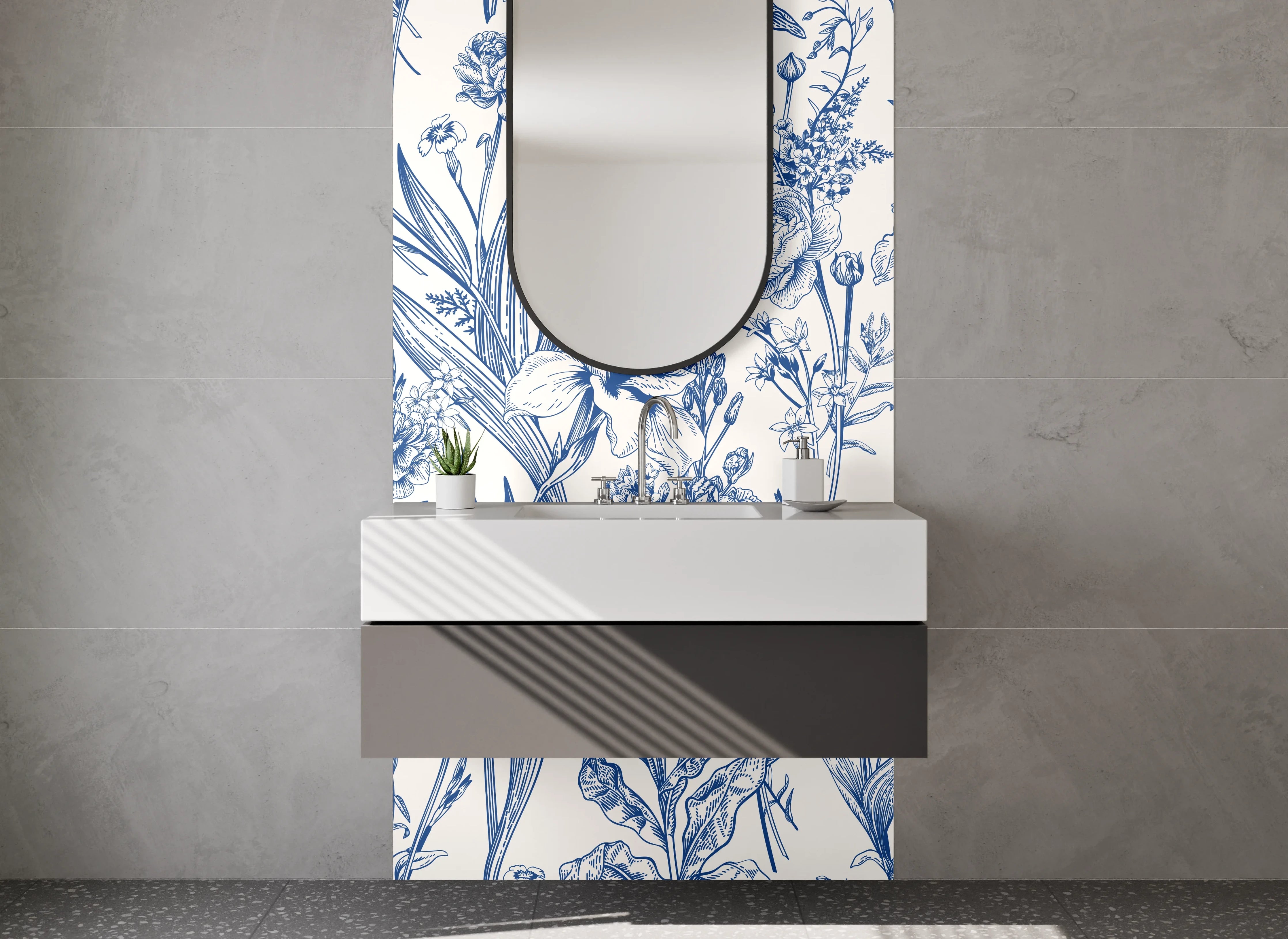 Waschbecken-Rückwand - Blau-weißes Blumenmuster Illustration