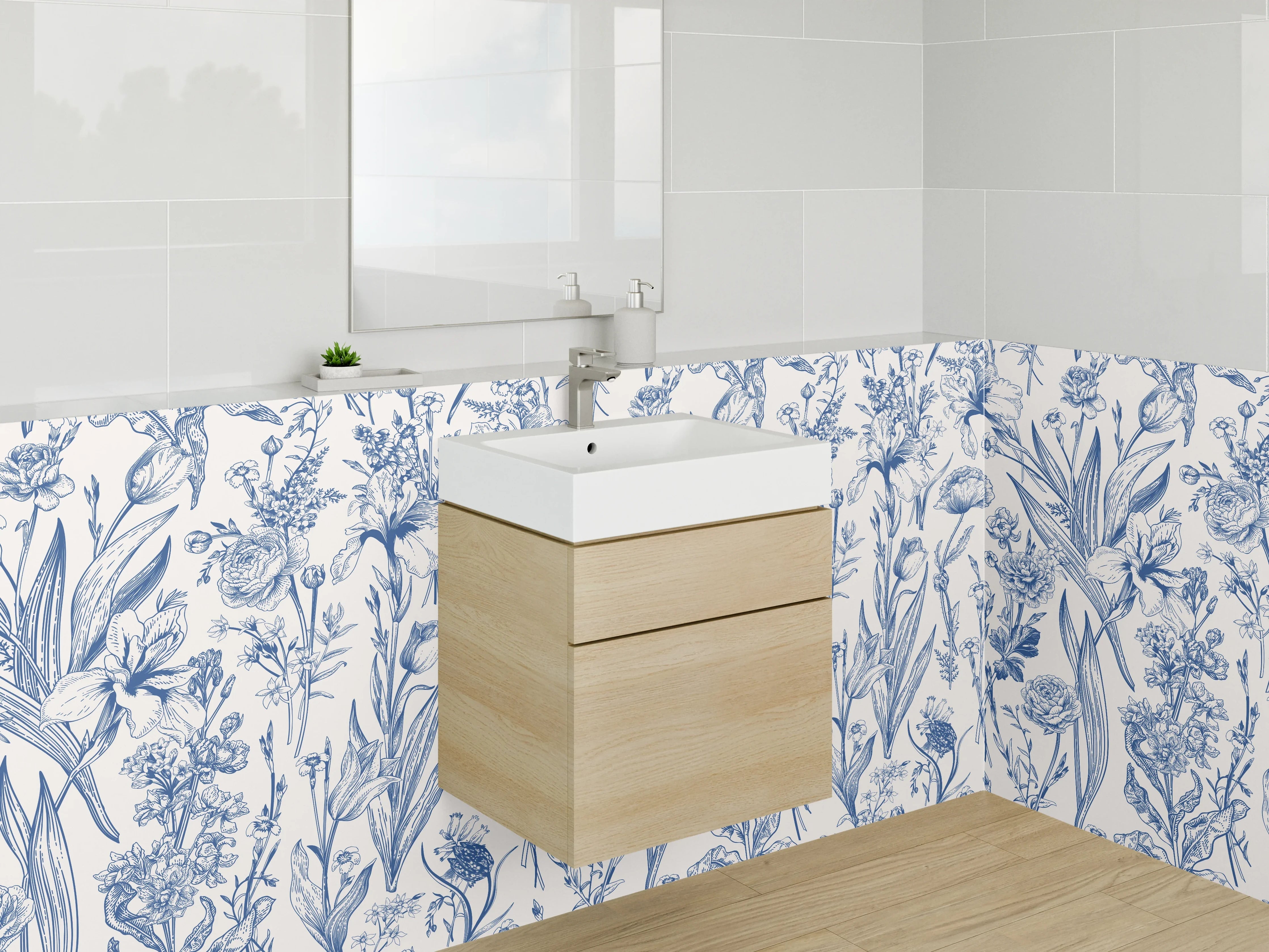 Waschbecken-Rückwand - Blau-weißes Blumenmuster Illustration