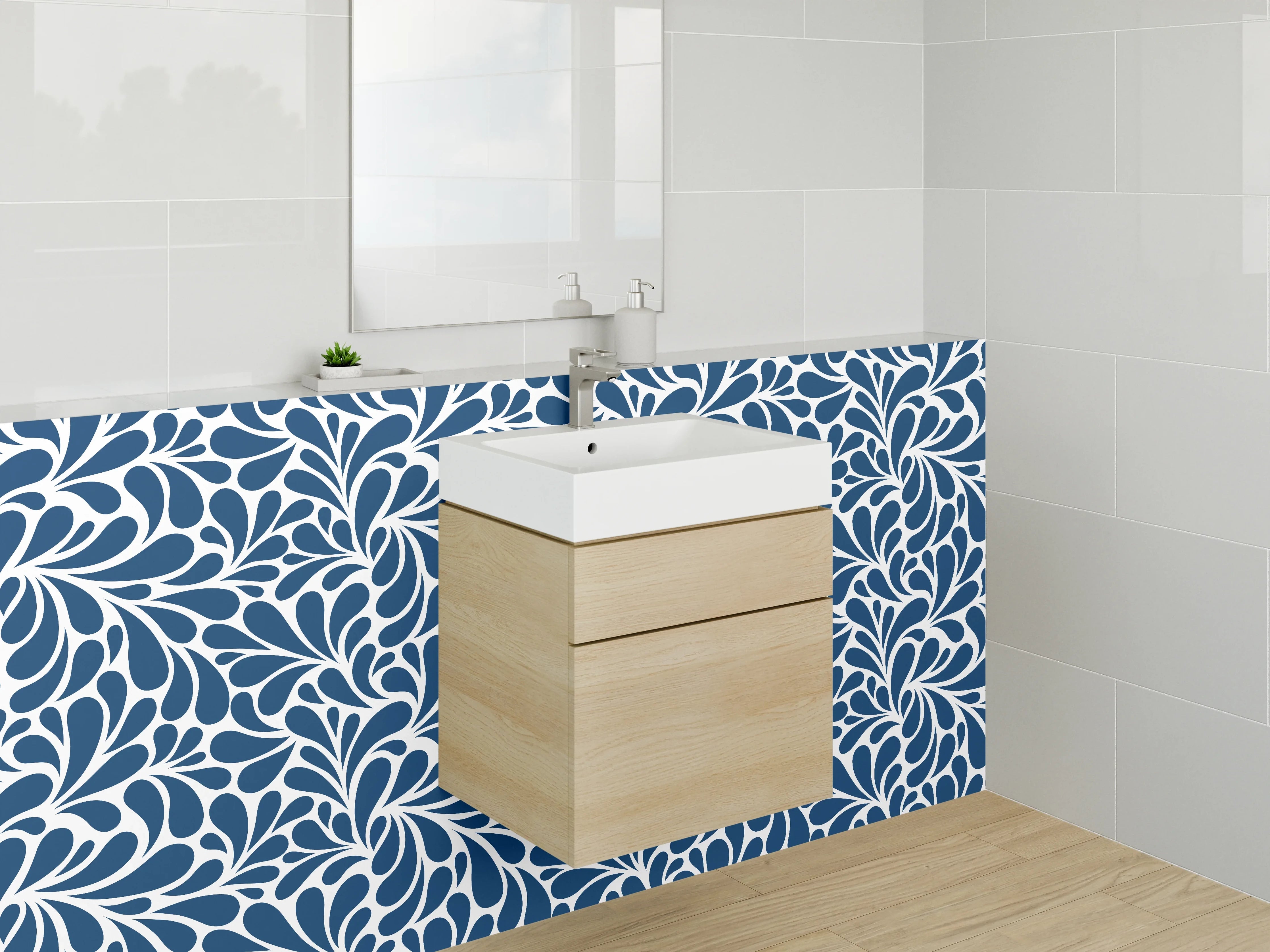 Waschbecken-Rückwand - Blau-weißes Retro Ornament Muster