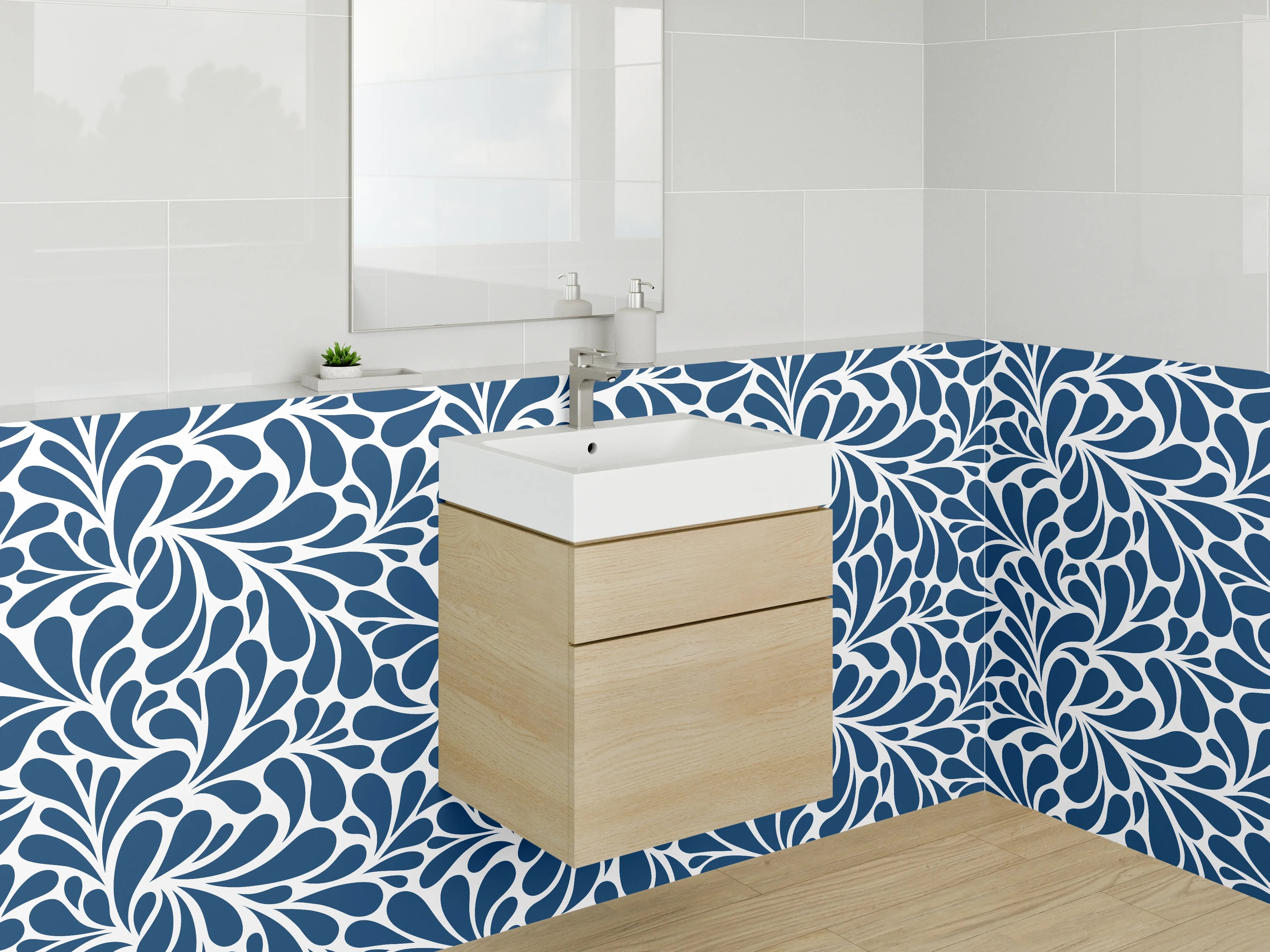Waschbecken-Rückwand - Blau-weißes Retro Ornament Muster