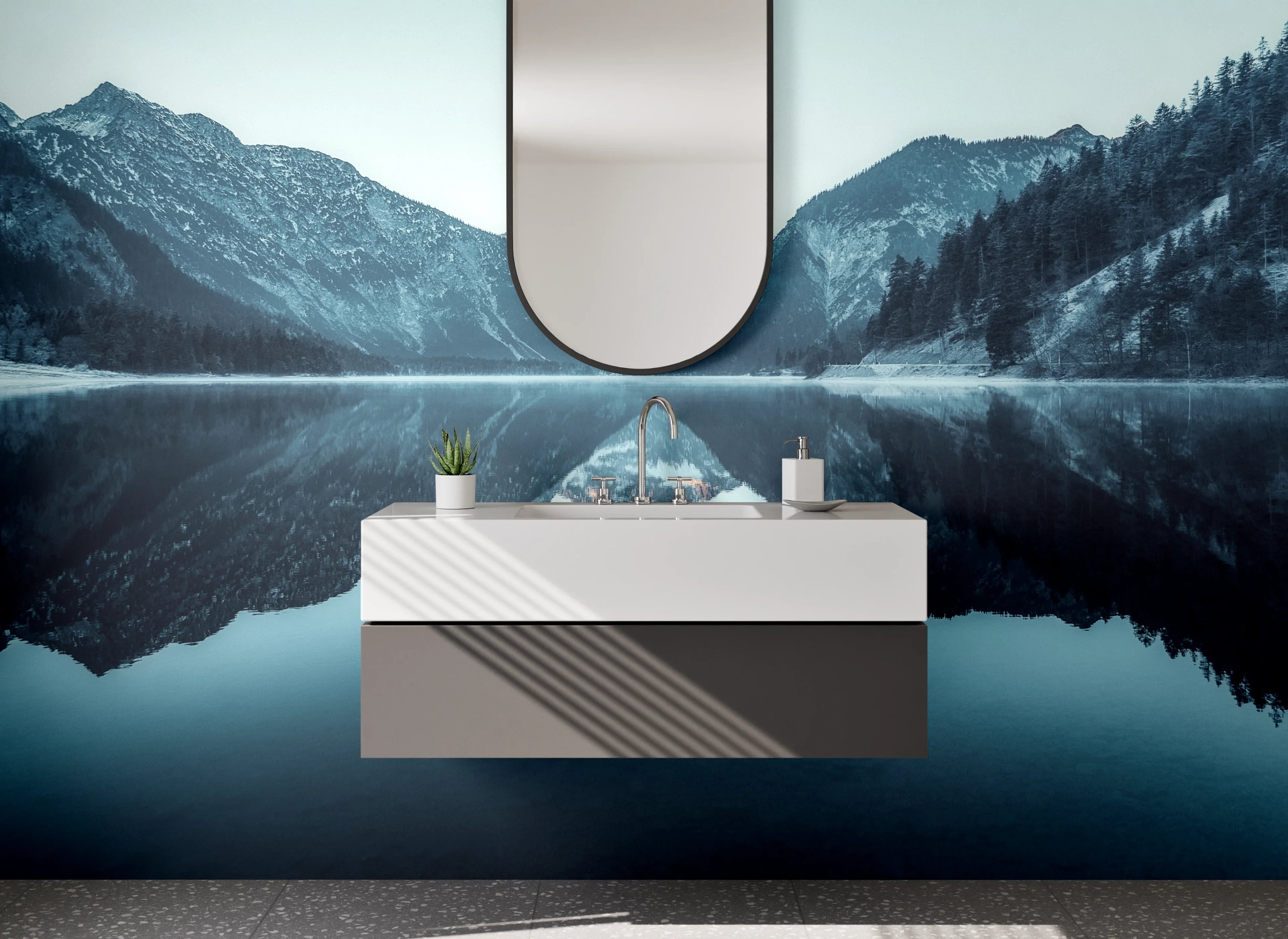 Waschbecken-Rückwand - Blaue Bergsee im Winter