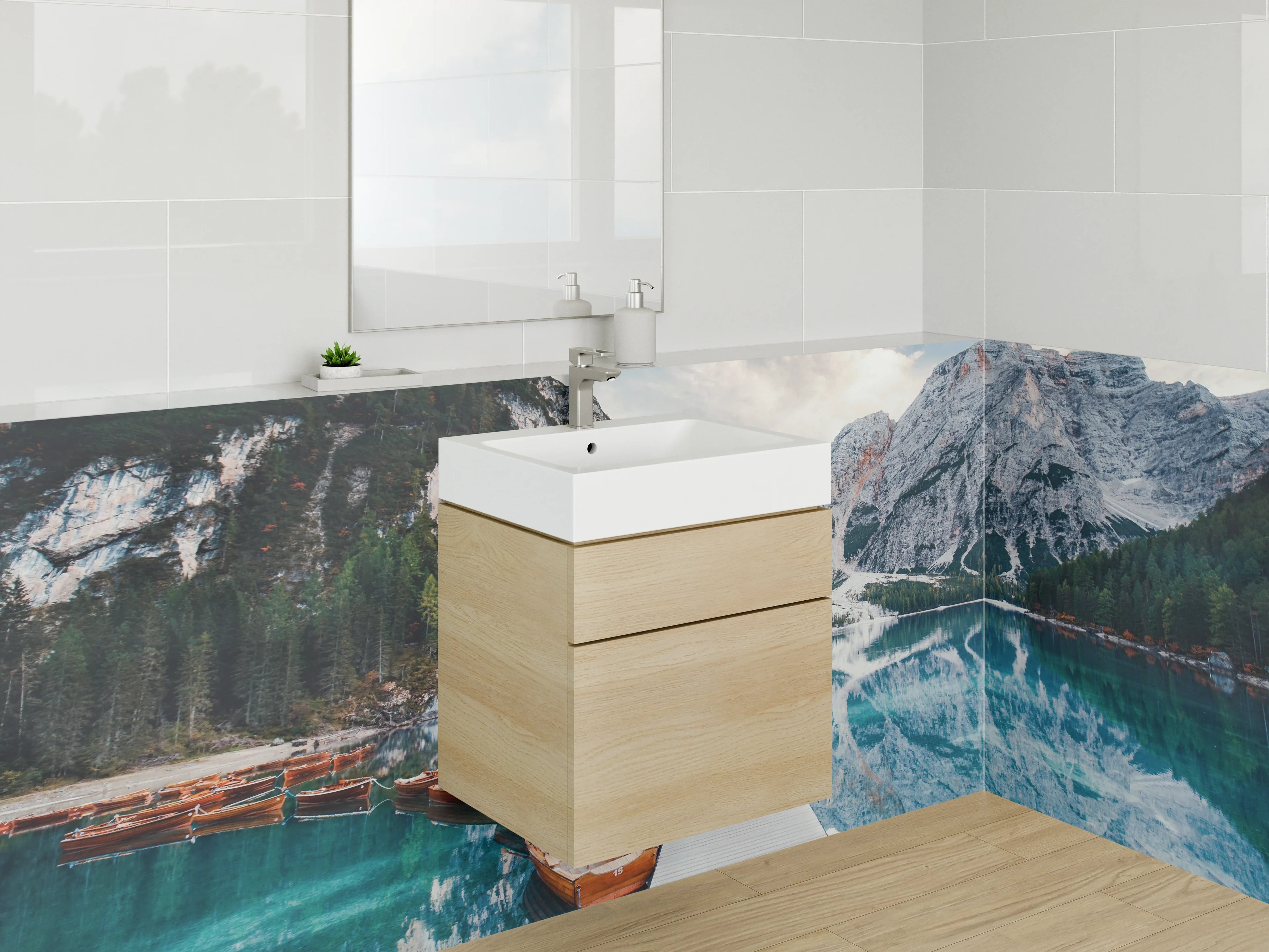 Waschbecken-Rückwand - Blaue Bergsee mit Booten und Naturkulisse