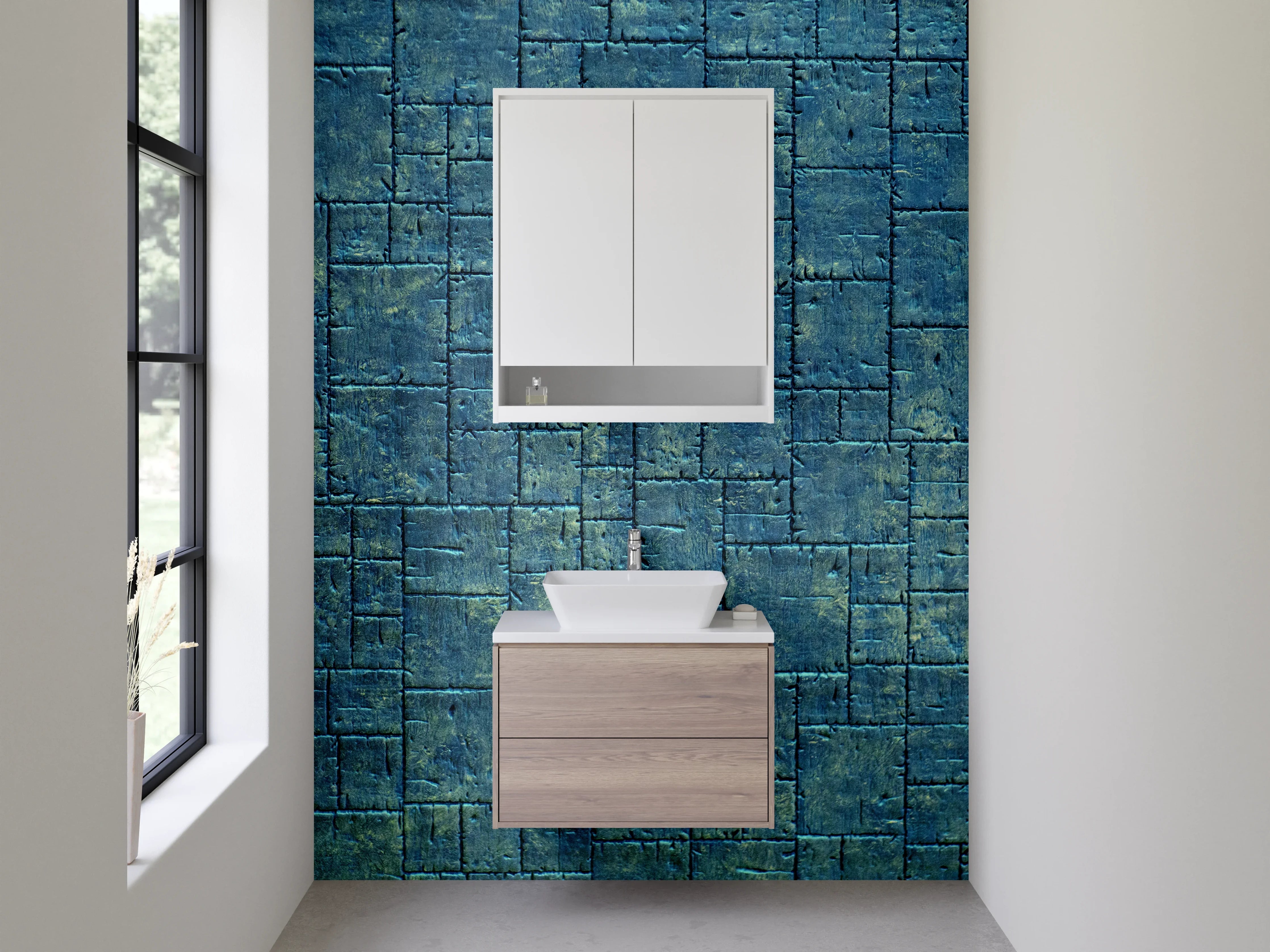 Waschbecken-Rückwand - Blaue Beton-Mosaikoptik fürs Bad