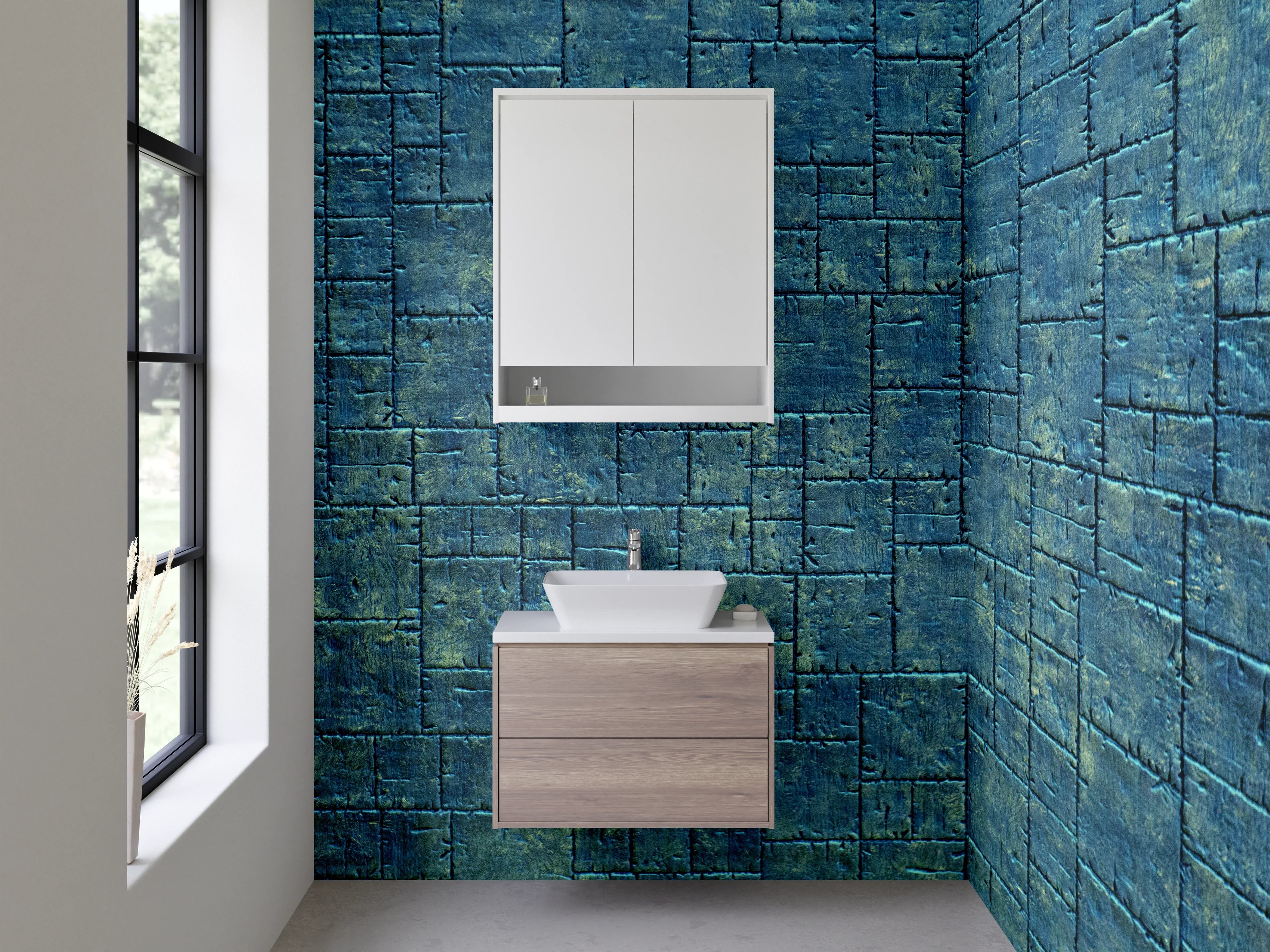Waschbecken-Rückwand - Blaue Beton-Mosaikoptik fürs Bad