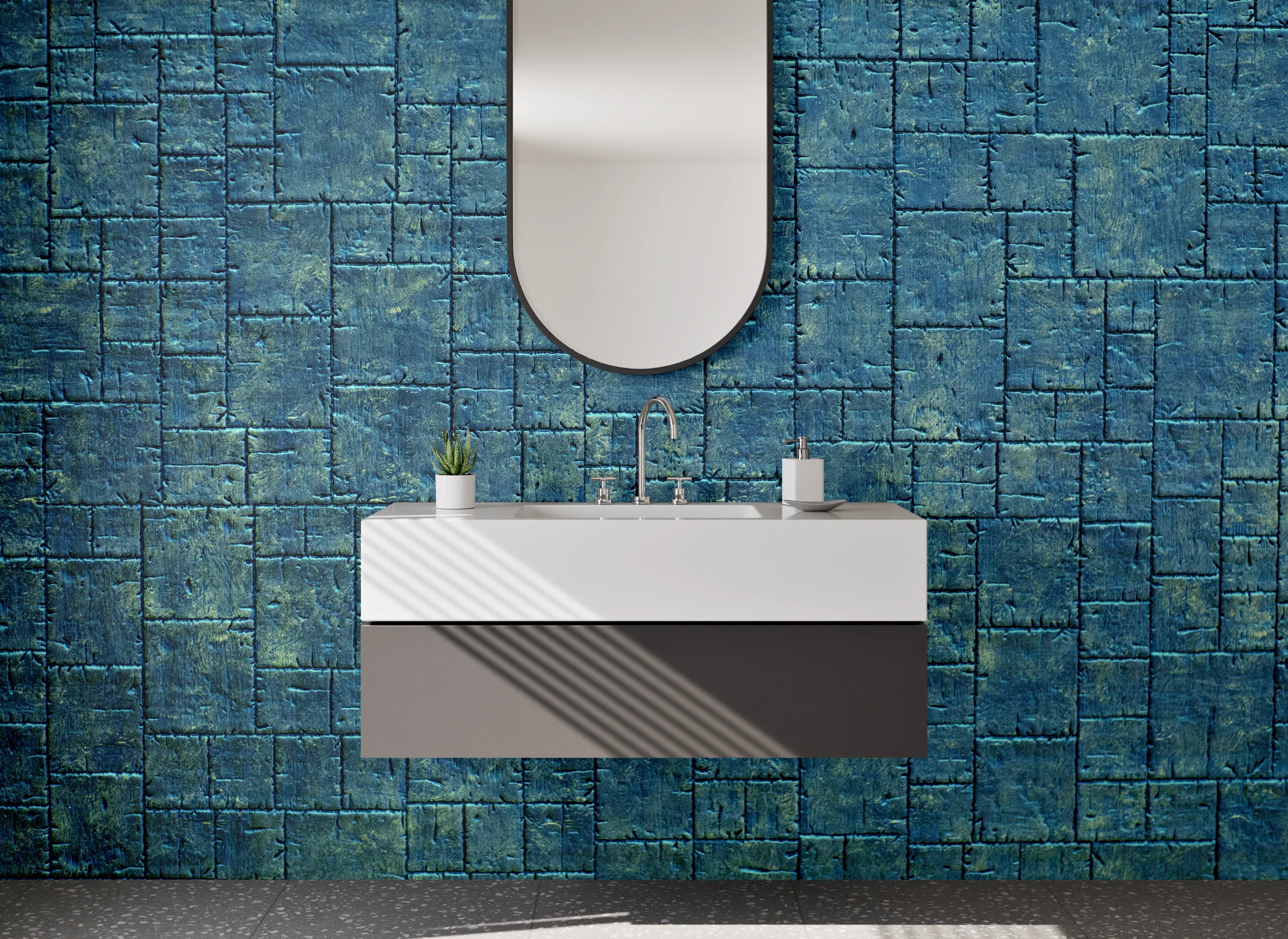 Waschbecken-Rückwand - Blaue Beton-Mosaikoptik fürs Bad