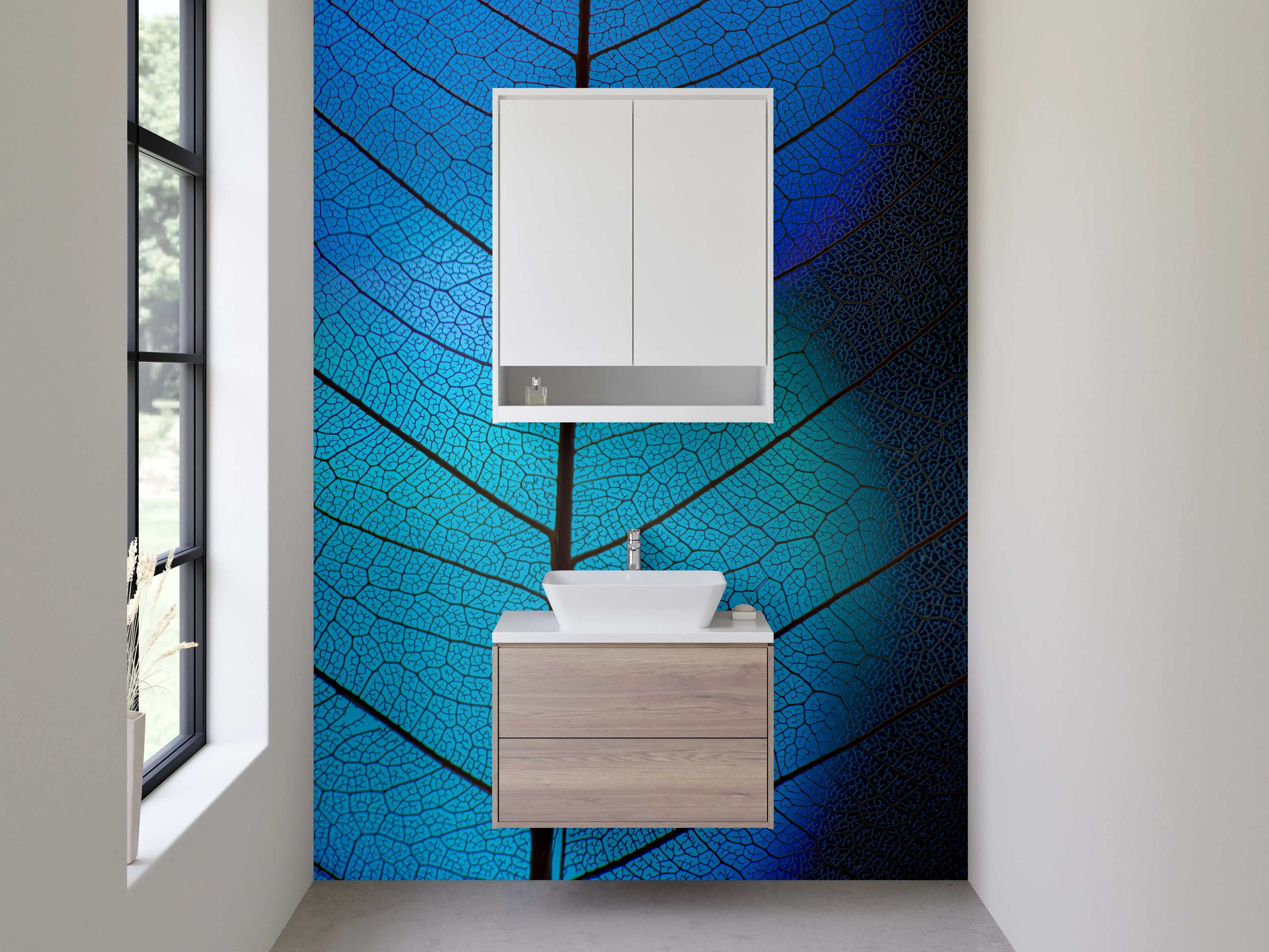 Waschbecken-Rückwand - Blaue Blattform mit feinen Adern