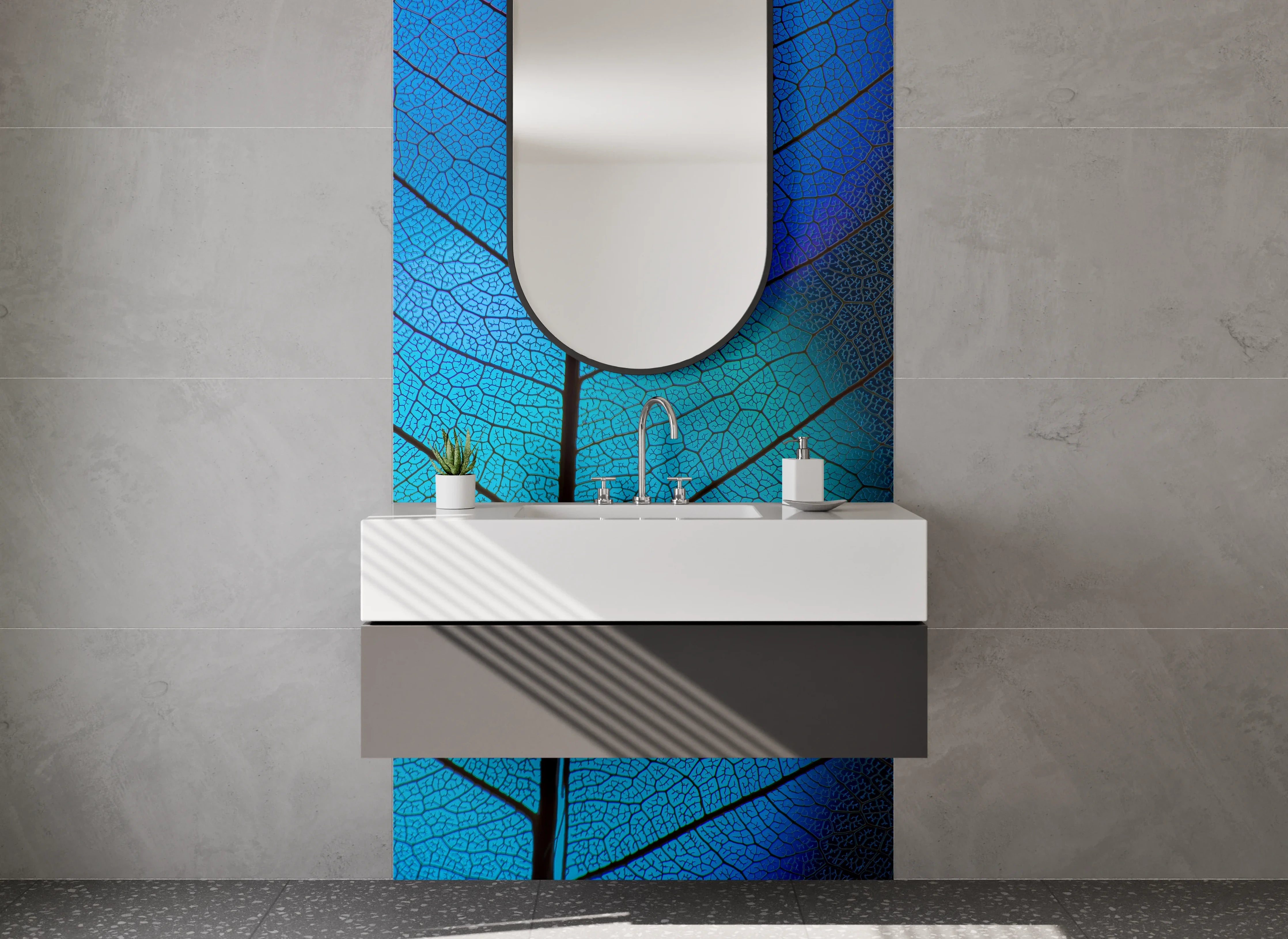 Waschbecken-Rückwand - Blaue Blattform mit feinen Adern