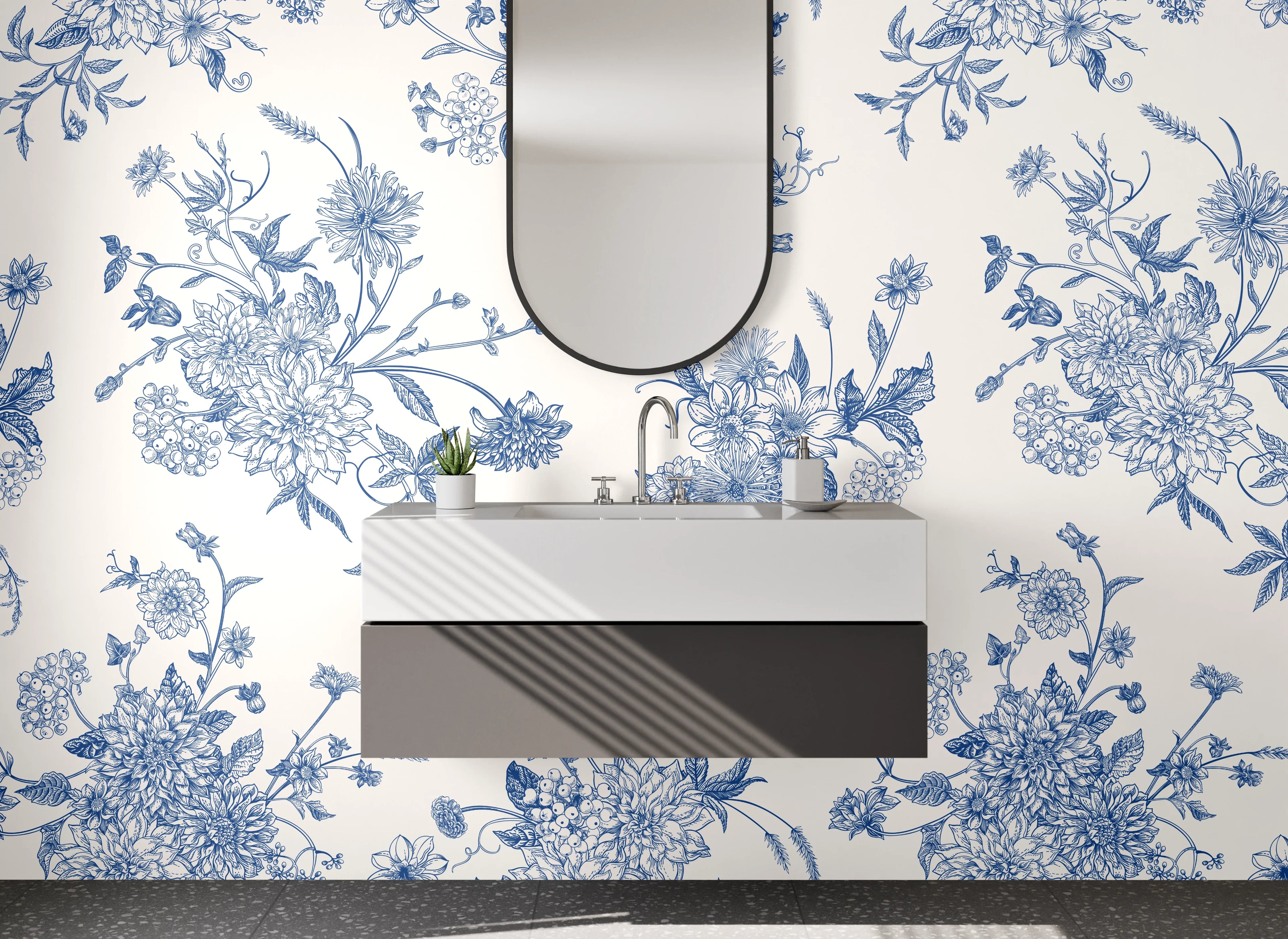 Waschbecken-Rückwand - Blaue Blumen Ornamente Muster